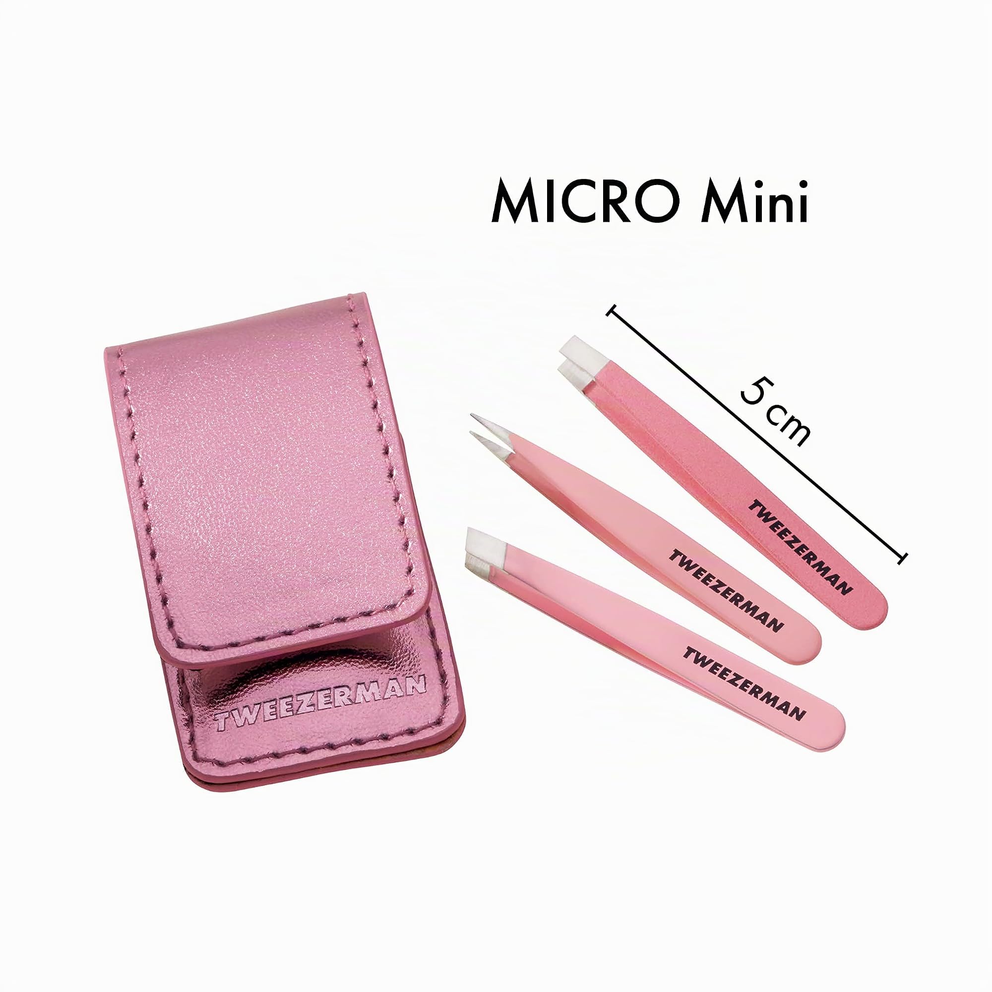 TWEEZERMAN Set di micro mini pinzette (3 pezzi, pinzette da viaggio per sopracciglia, punta dritta, obliqua e di precisione), rosa