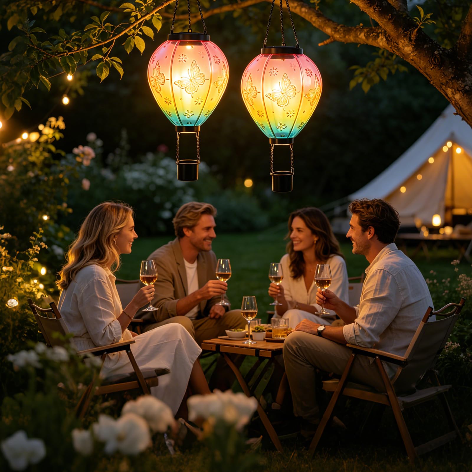 2 Pezzi Lampada Solare a Palloncino Caldo, 45x14 cm Lampada Solare per Esterni, Lampade Solari per Esterni Appendibili, Palloncino Caldo per Decorazione, Sensore di Crepuscolo, Resistente alle