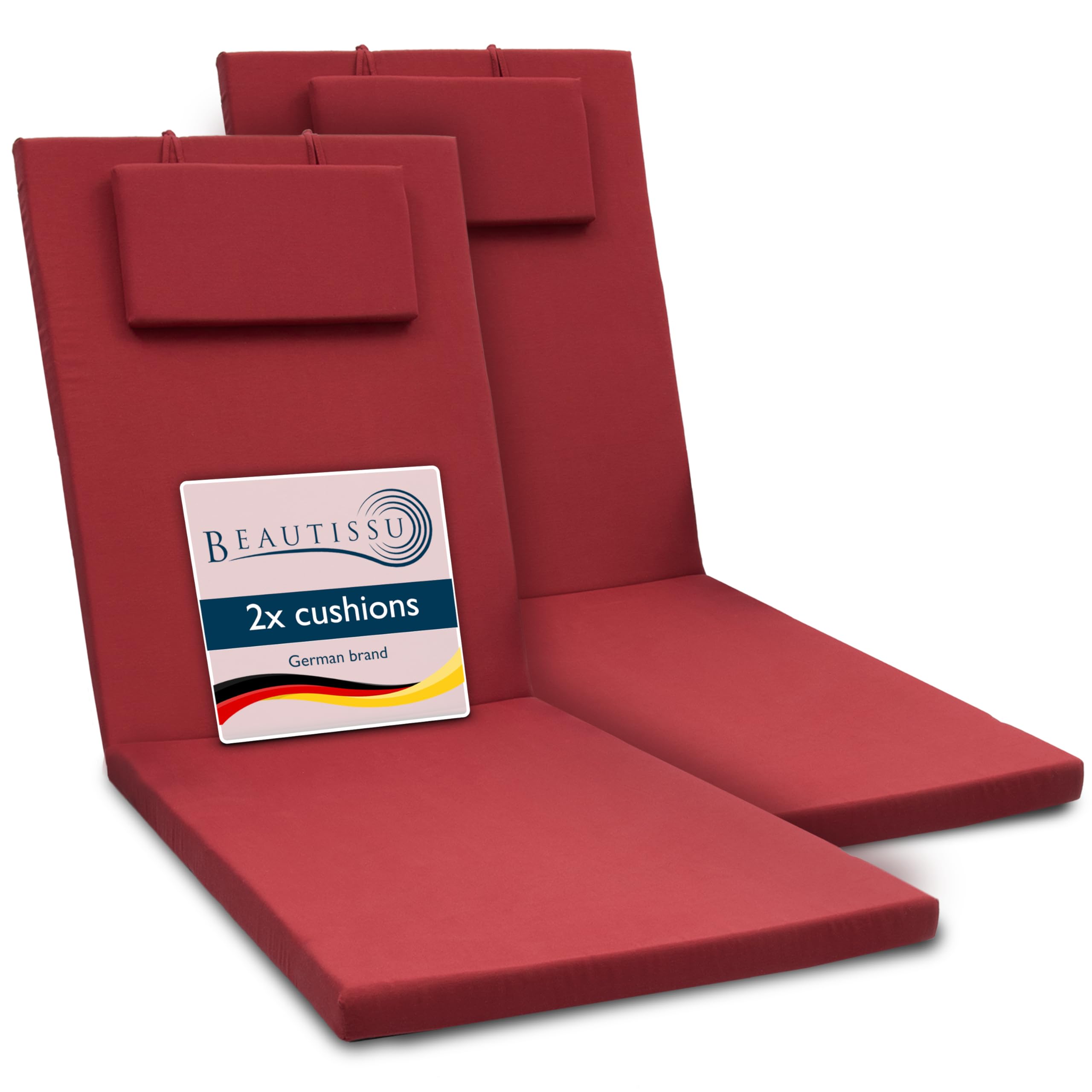 Beautissu Red 2X Sun Lounger Cushion 200X60x5cm Loft Rl - Garden Recliner Sunbed Cushion For Patio Balcony Terrace - Uv-Light Resistant Steamer Relaxer Sunlounger Bed Pad