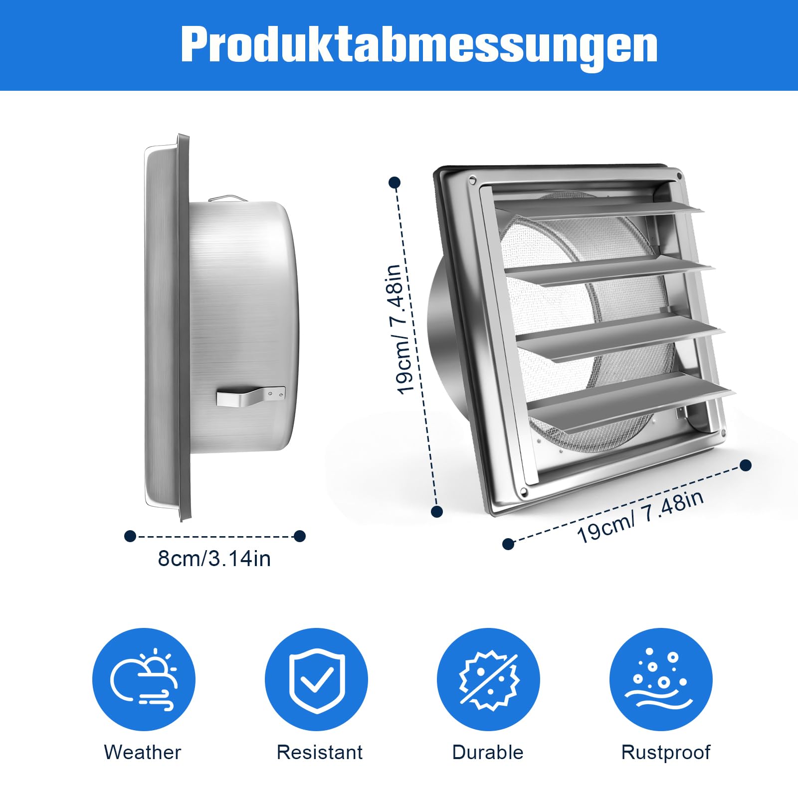 Edelstahl Lüftungsgitter 304, 150mm Rechteckig Bewegliche Lüftungsklappe, Außen Lüftungskappe mit Insektenschutz & Wetterschutz, Abluftgitter für Wand/Badezimmer/Garage/Wohnmobile/Kamin, Lüftungsrohr