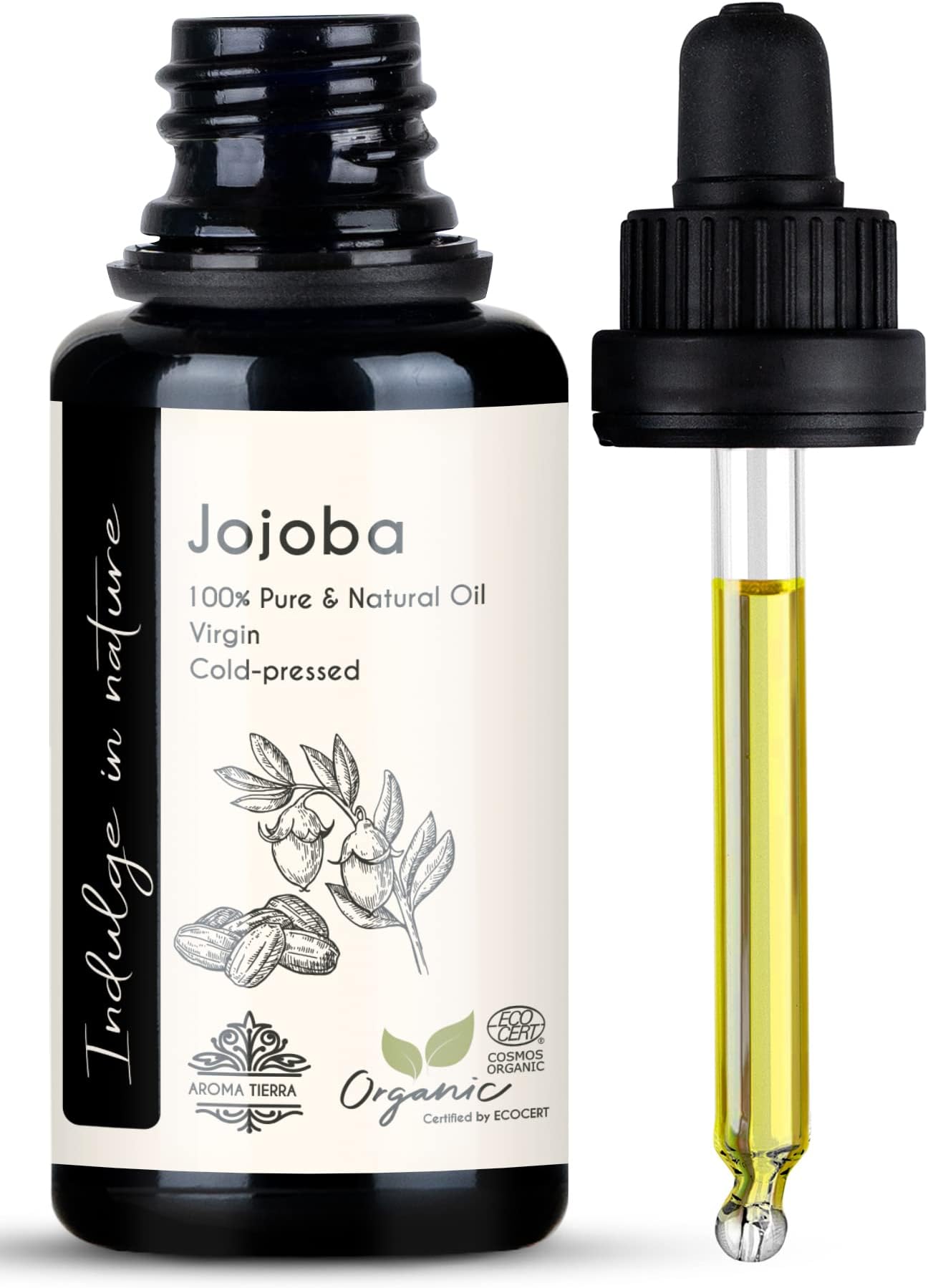 Organic Jojoba Oil - 100% Pure Cold Pressed Unrefined - For Hair Growth, Dandruff, Beard, Face, Body, Dry Skin, Nails - 30ml