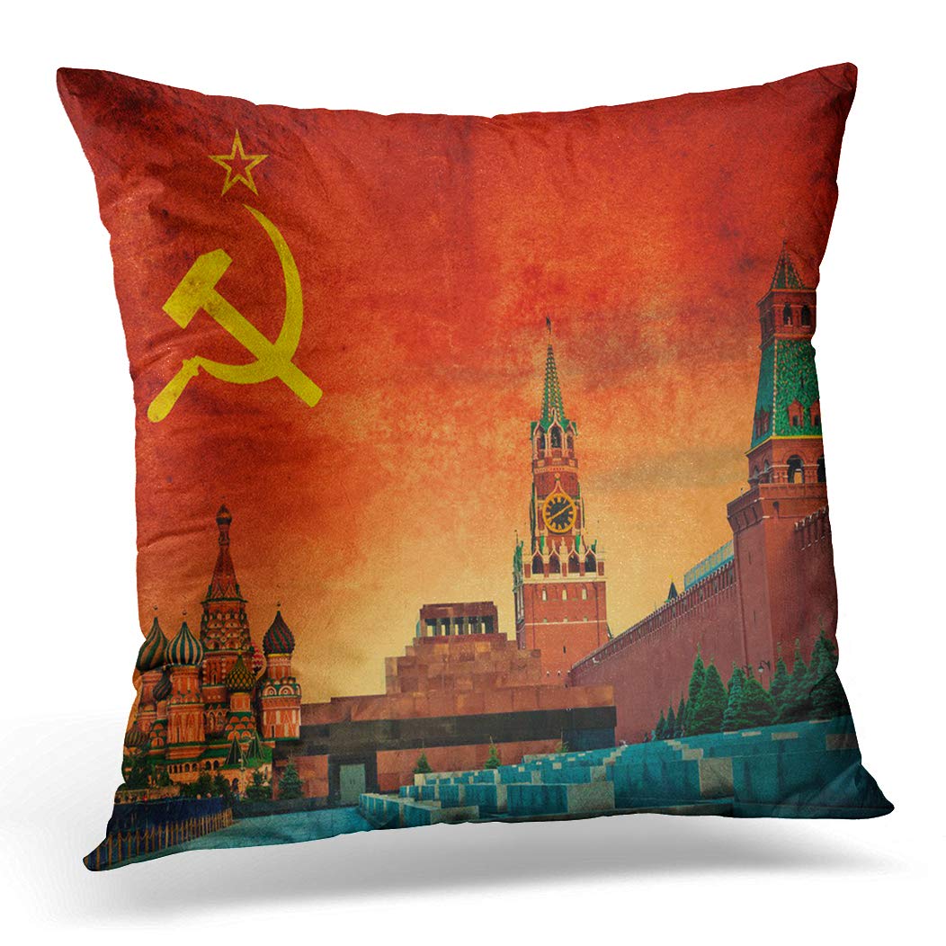 Awowee Cushion Cover 45x45cm/18x18inches Yellow Russian Soviet Communistic Russia Revolution Flag Kremlin Communism Home Decor Throw Pillow Cover Square Pillowcase for Bed Sofa