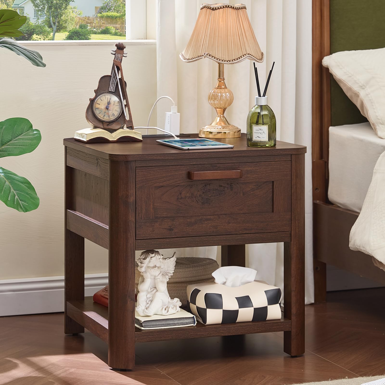 Joaxswe Farmhouse Night Stand with Charging Station, Walnut