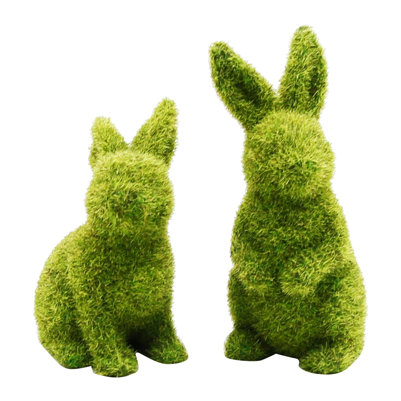 MDEOOSKY 2 Stück Oster-Moos-Hasen-Figur, beflockte Hasenstatue, grüne Nachahmung Moos Kaninchen Skulptur, für Ostern Festival Garten Hof Home Party Ornament Dekoration