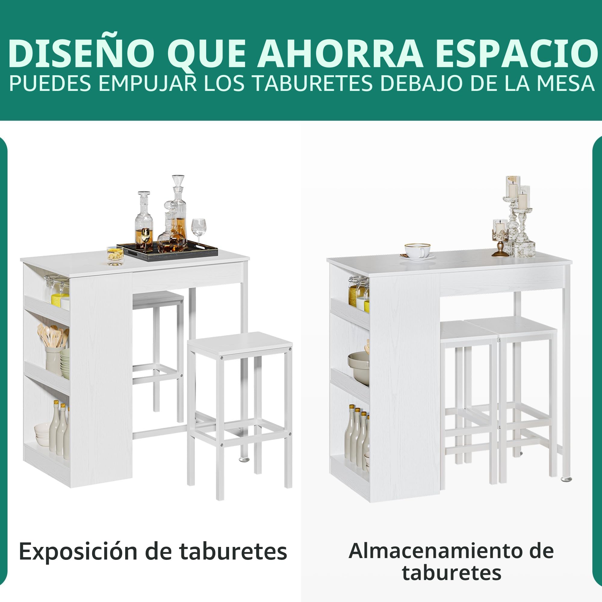 YITAHOME Juego de Mesa de Bar con taburetes de Bar, Mesa de Bar de 3 Piezas, Mesa de Comedor con 2 taburetes, 3 estantes, Taburete de Bar con Marco de Metal, Blanco