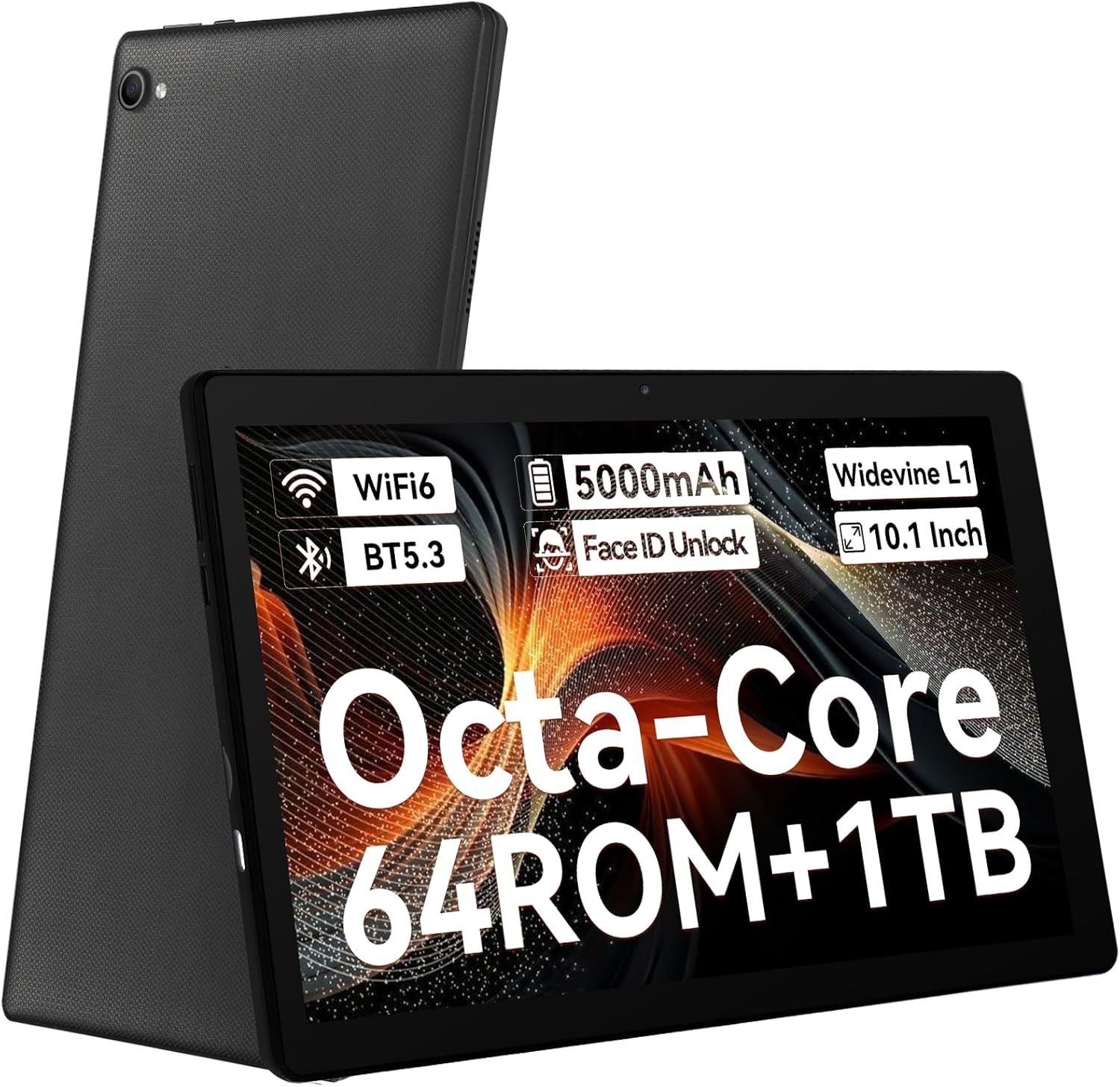 Tablet, Android 14 Tablet 10 inch with HD IPS Touchscreen, 64GB+1TB Expansion, Octa-Core, Face ID, OTG, WiFi 6, Bluetooth5.3, Dual 5MP+8MP Camera, 5000mAh, Widevine L1 (Black)