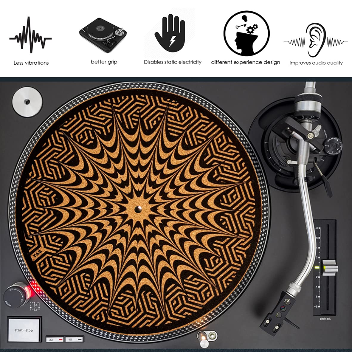 Esterilla para Tocadiscos Premium, Especialmente diseñada con Corcho/tormenta Blanca psicodélica.