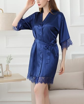Women's Lace Trim Robe Bride Bridesmaid Kimono Robes Silky Satin Bathrobe for Wedding Party