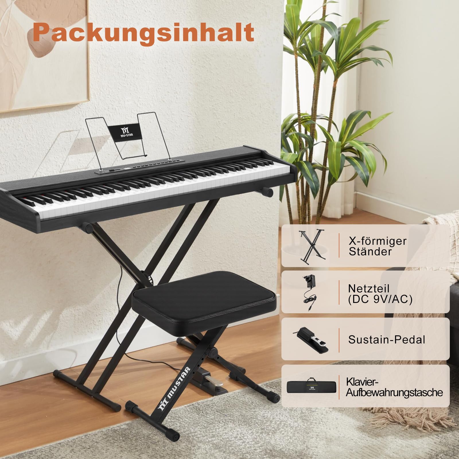 MUSTAR E Piano numérique 88 touches, clavier semi-lesté et Bluetooth, kit portable avec pédale de sustain, support de clavier et sac de transport (noir et banc de piano)
