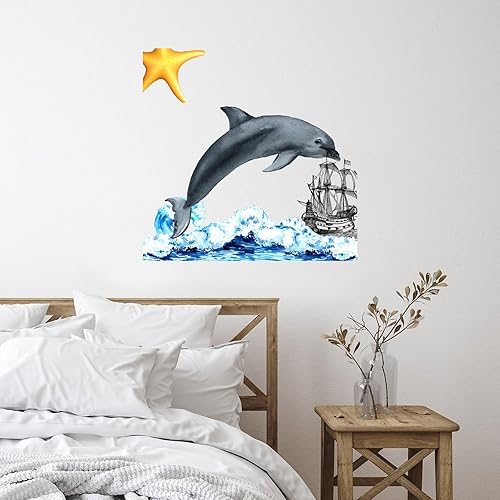 Miniatura 1 de Calcomanías de pared con temática náutica de océano, ballena subacuática, tiburón, letras divertidas, paisajes costeros, espejos, calcomanías de