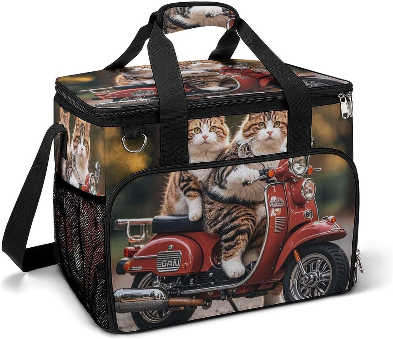 Insulated Picnic Backpack Tote Bag, Large Capacity 30L Two Funny Cats Driving A Motorcycle Cooler Bag Leakproof Beach Bags Portable Lunch Box Waterproof Picnic Basket for Beach Camping BBQ