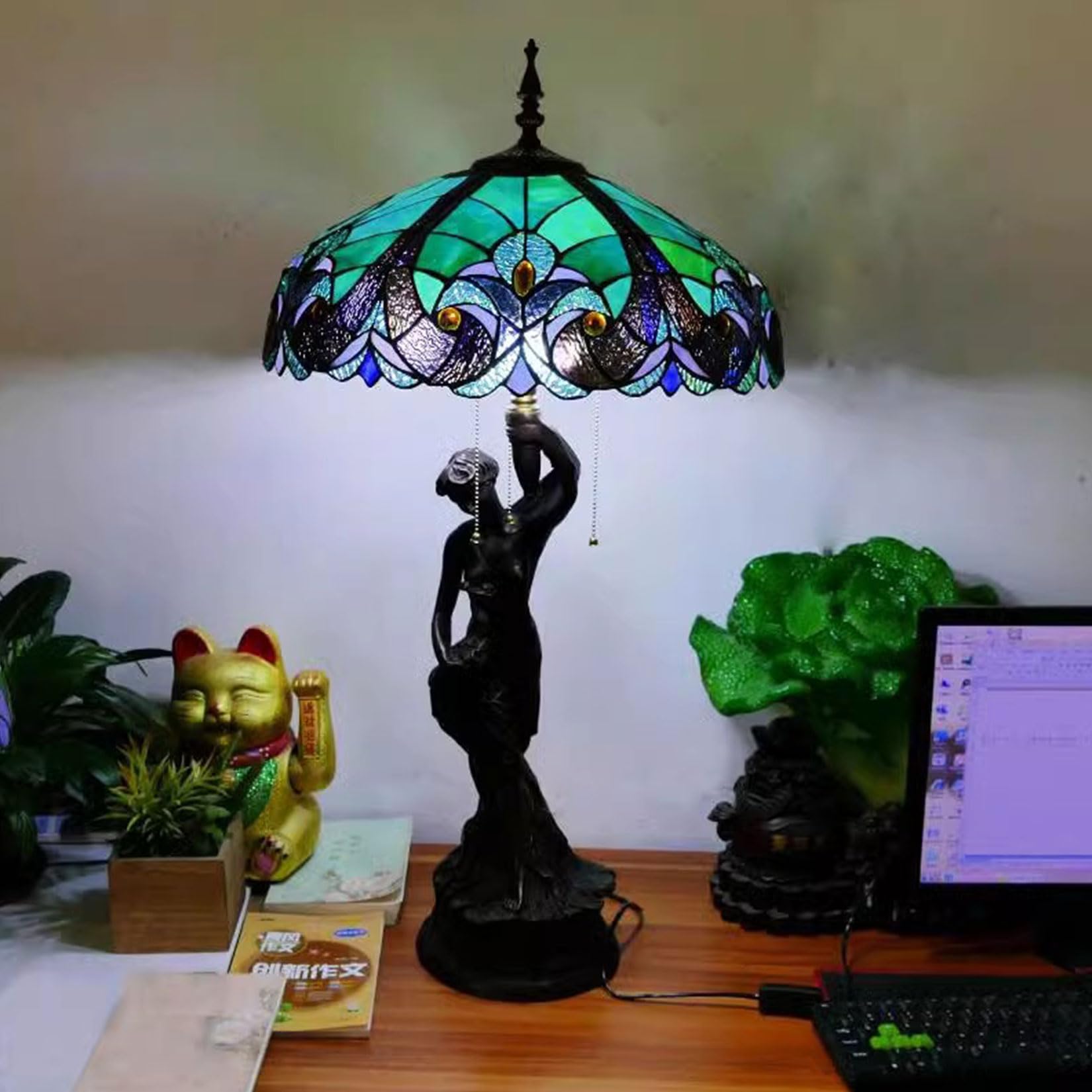 Klosz do lampy Tiffany w stylu barokowym, ręcznie wykonany, witrażowy, 18-calowy, szeroki, lampa stołowa w stylu vintage, lampa podłogowa, zielona osłona, tylko do sypialni, s，