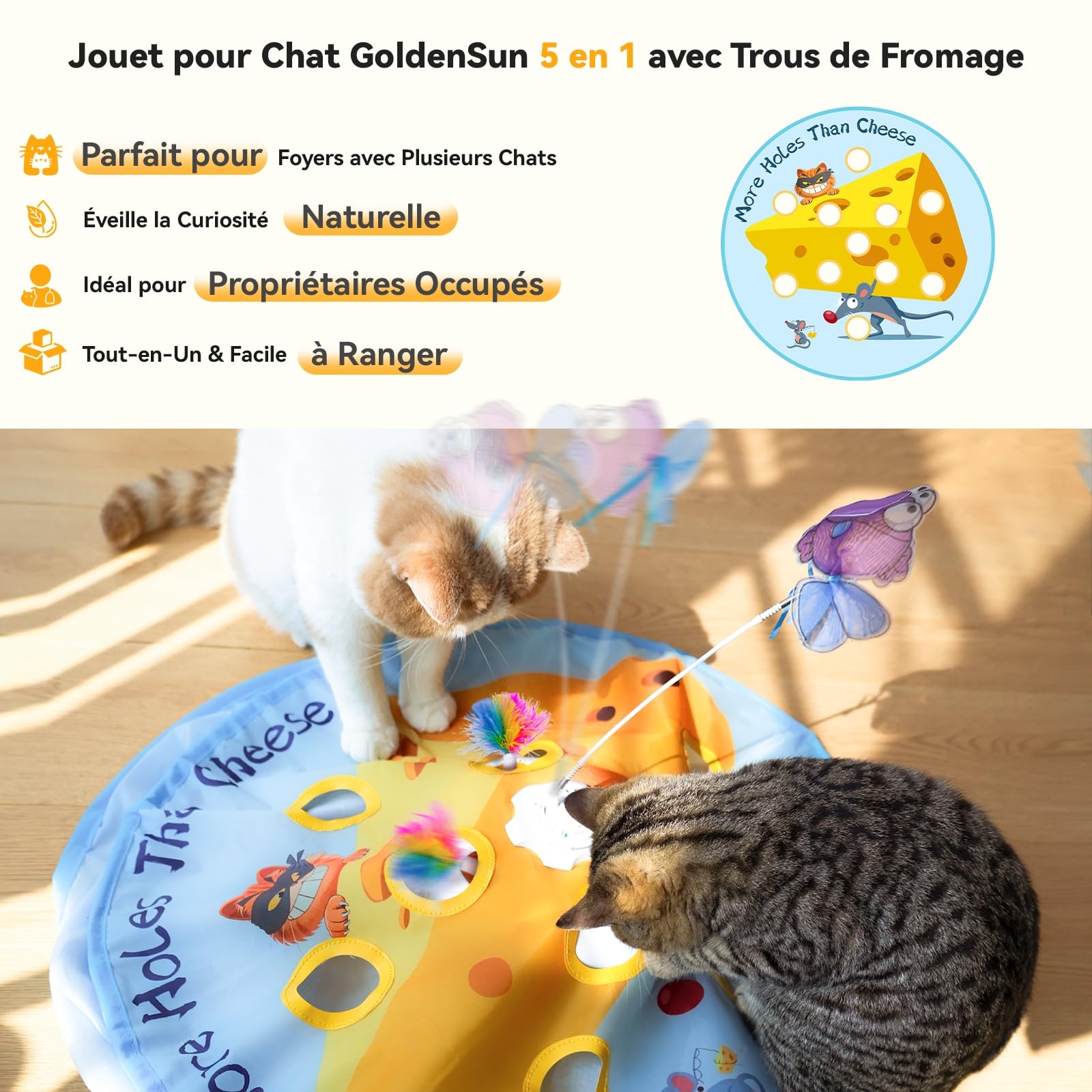 GoldenSun Jouet pour chat interactif 5 en 1 pour chats d'appartement, jeu de tapotement automatique, poisson volant, canne à pêche pour chat et plume mobile