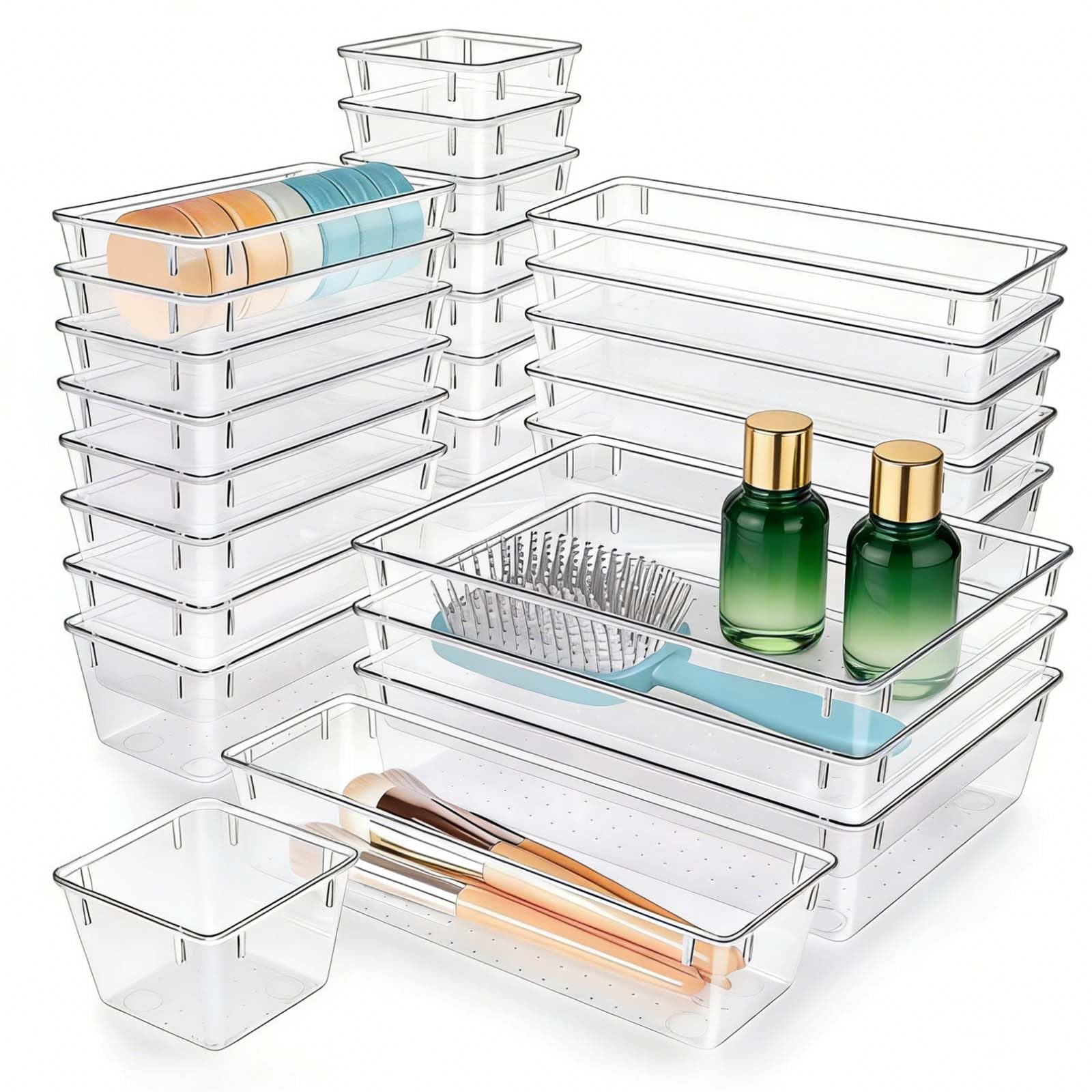 25 Organizzatore Cassetti Trasparente - 4 Misure Diverse - Divisori per Cassetti per Trucco, Ufficio, Cucina, Officina