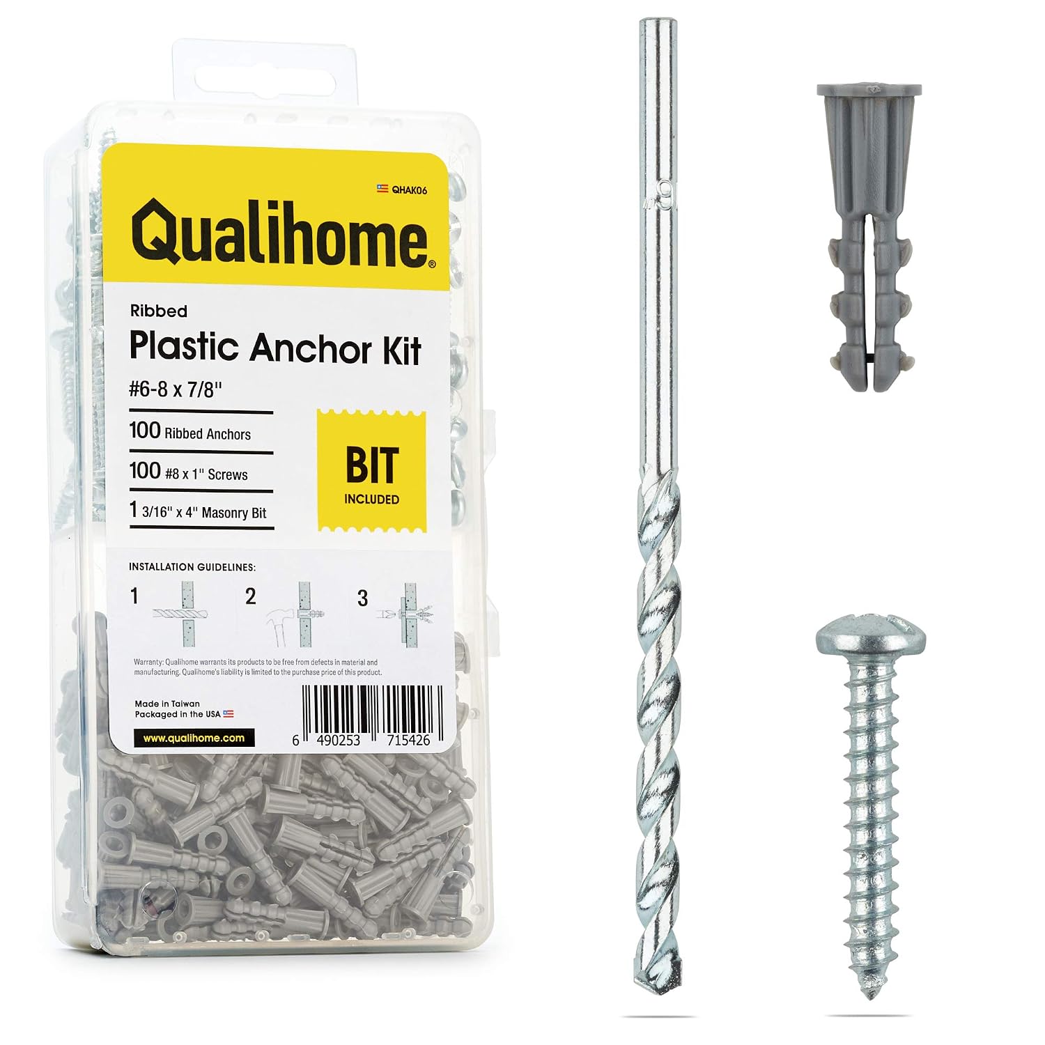 Qualihome Ribbed Plastic Drywall Anchor Kit - Wall Anchors and Screws for Drywall Includes Anchors, & Screws, 1 Masonry Drill Bit - Mounting Tolls for Decor, Furniture, Shelving (6-8 x 7/8")