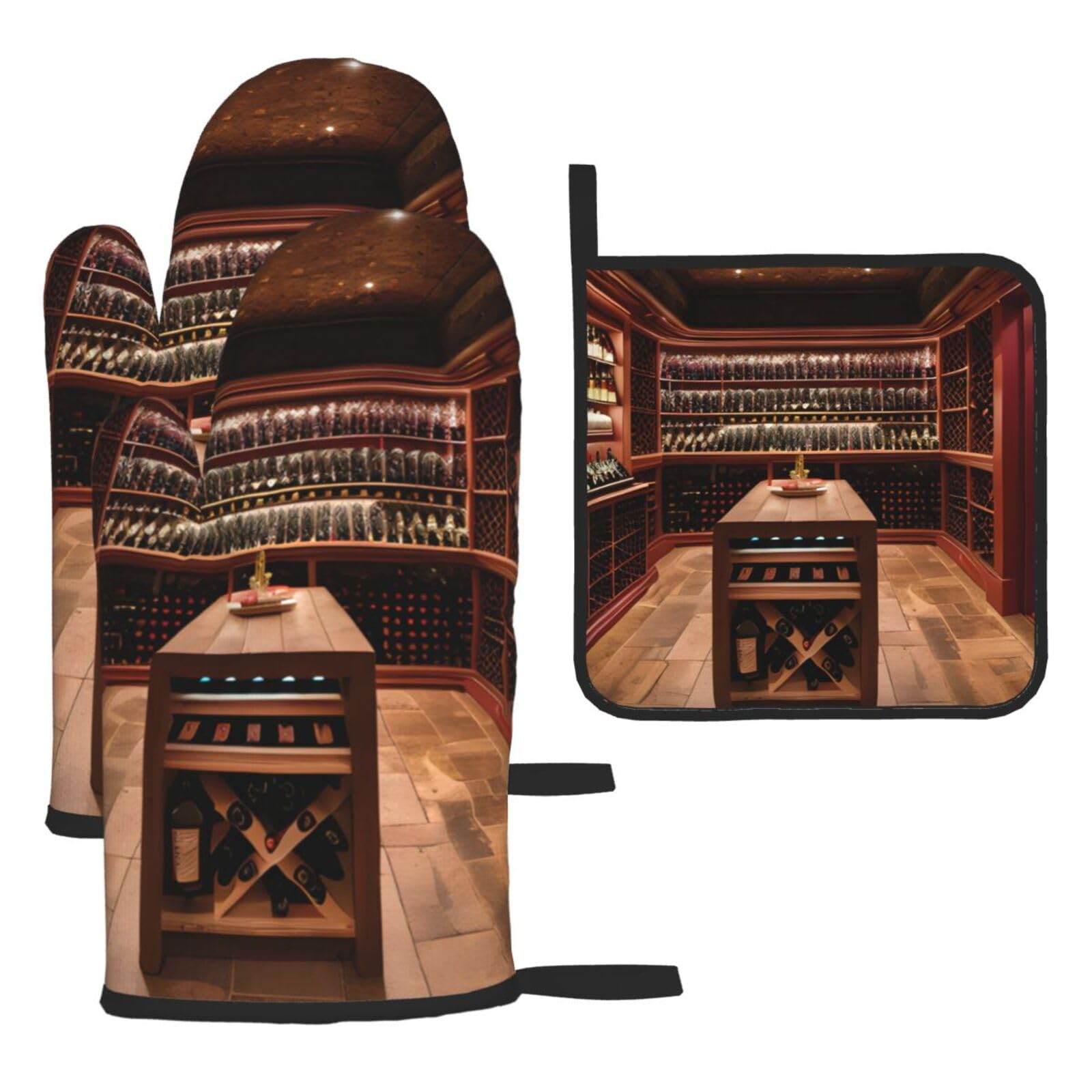 Red Wine Cellar Print Oven Mitts Kitchen Gloves Set Everyday Baking Grilling Microwaving Cooking Gift