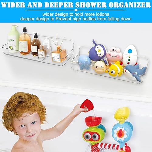 Miniatura 8 de Paquete de 2 soportes de almacenamiento de juguetes de baño para bañera, estantes adhesivos de acrílico, cinta adhesiva para espejo de baño, sin