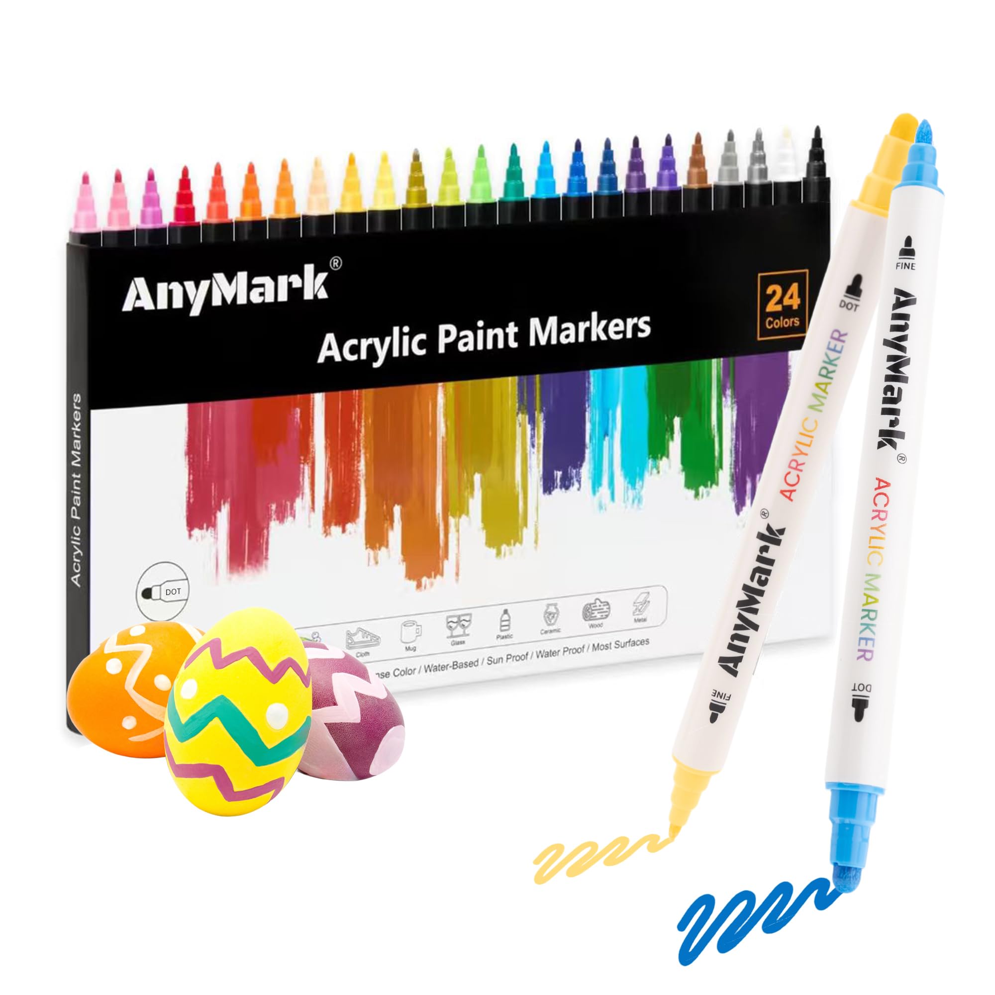 AnyMark 24 Colors Acrylic Paint Markers, Double Point and Fine Tips, Acrylic Markers for Stone, Wood, Glass, Rock and DIY Crafts