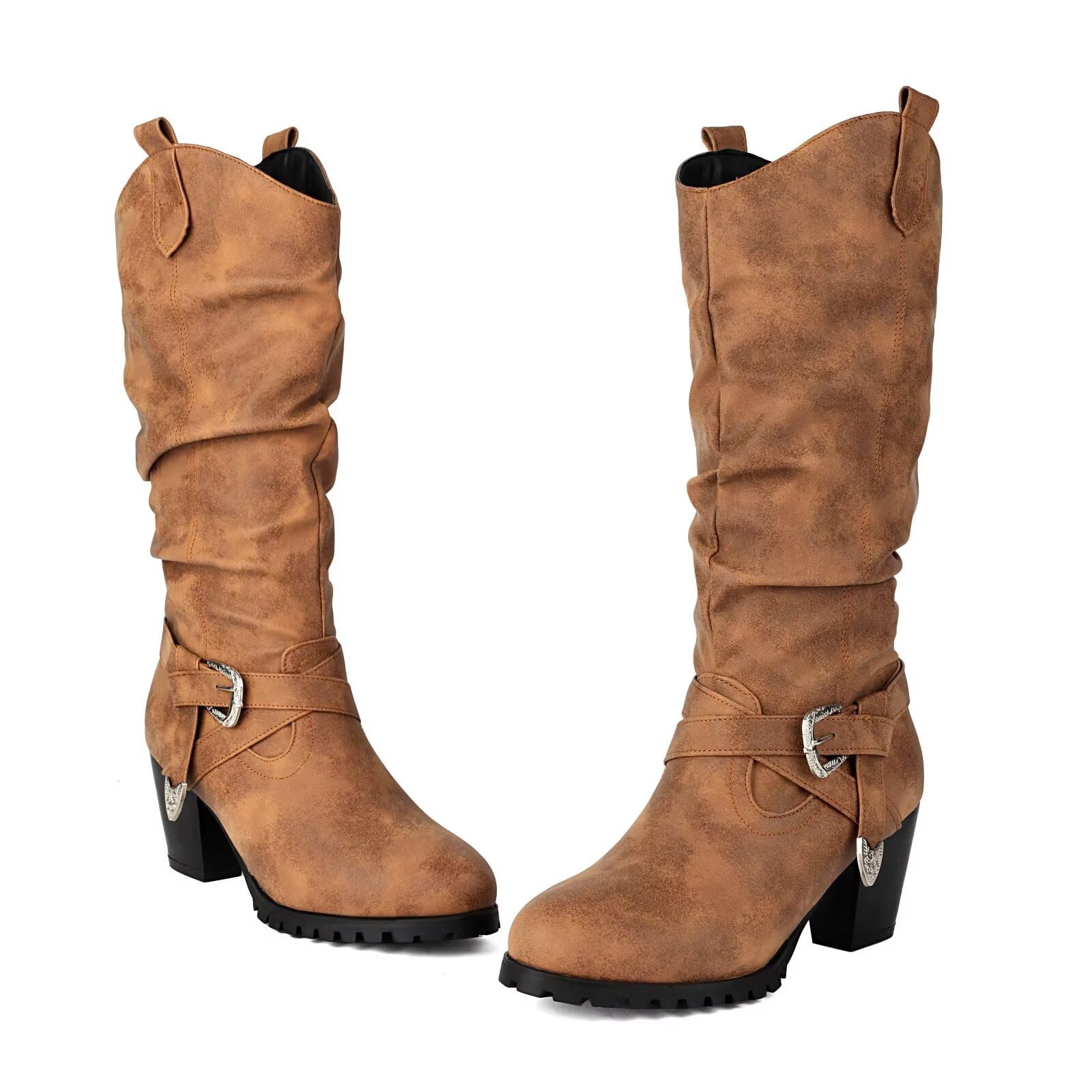 Women Cowboy Cowgirl Boots Buckle Straps Western Slouchy Mid Calf Boots Stacked Chunky Heel Platform Work Country Concerts