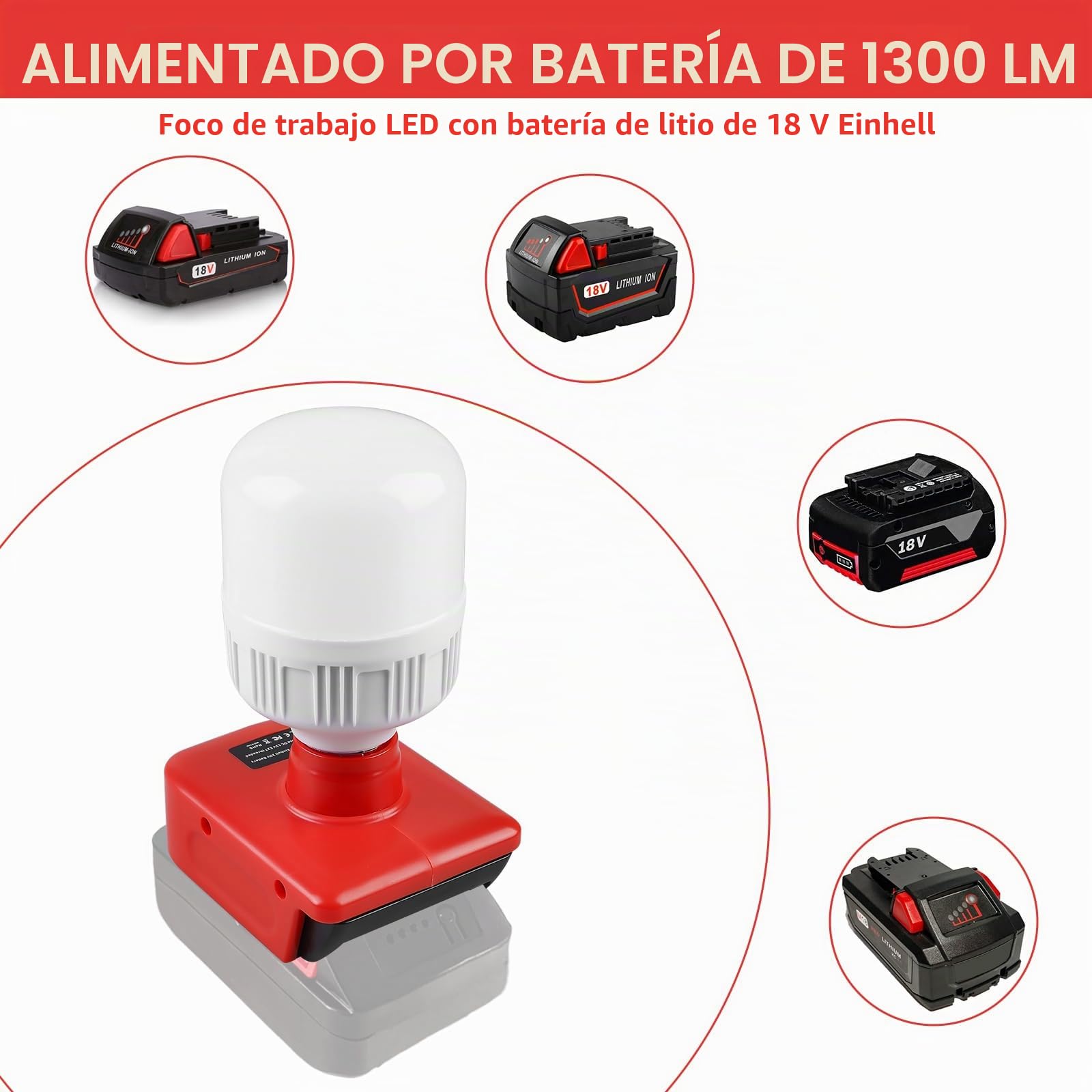 Lámpara con batería para Einhell de 18 V, batería: 12 W, lámpara de trabajo con bombillas E27, foco LED ajustable de 150 a 1300 lm, foco LED para camping, emergencias
