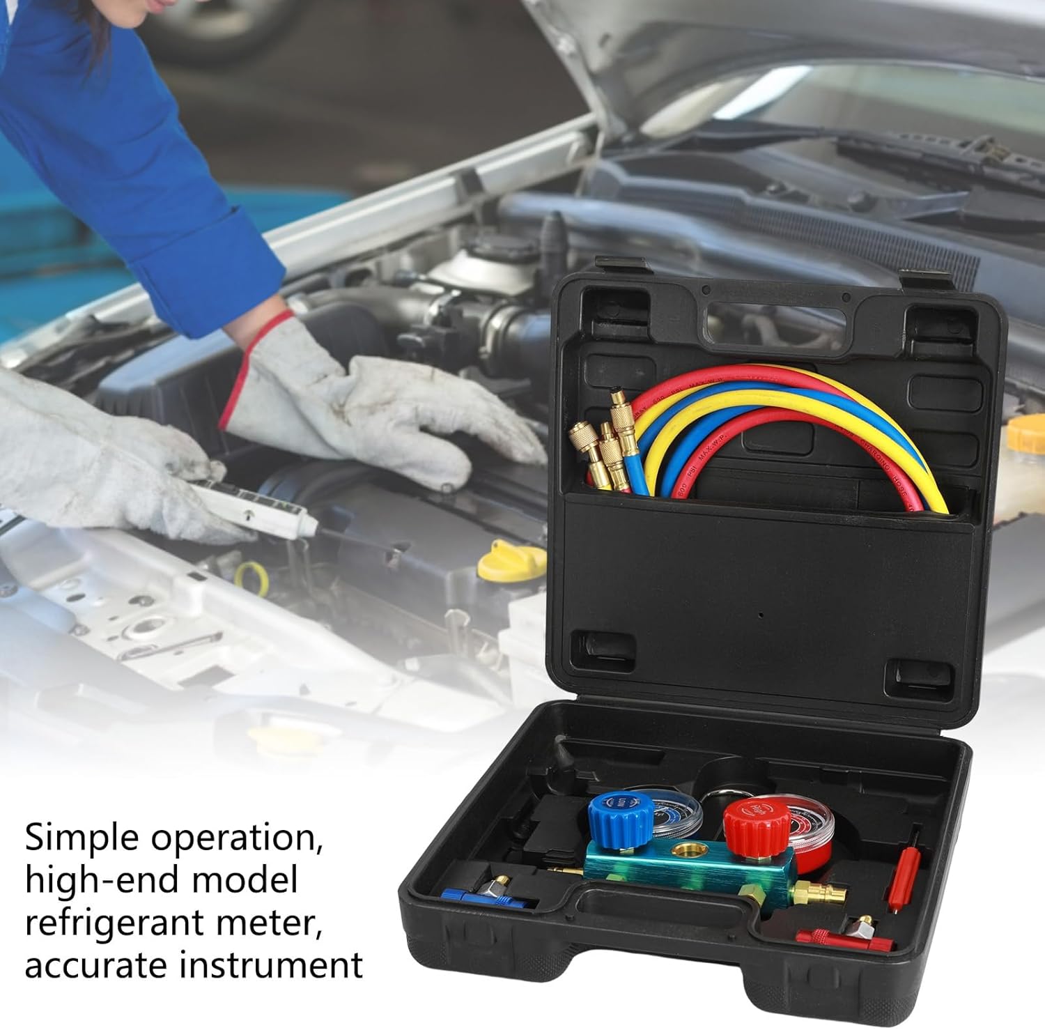 BENBOR R1234yf Refrigerant Meter with Dual Gauges – AC Charging Diagnostic Tool, Quick Connector, 3-60" Hoses, Storage Case, for Refrigerant Recovery & Evacuation Work Black