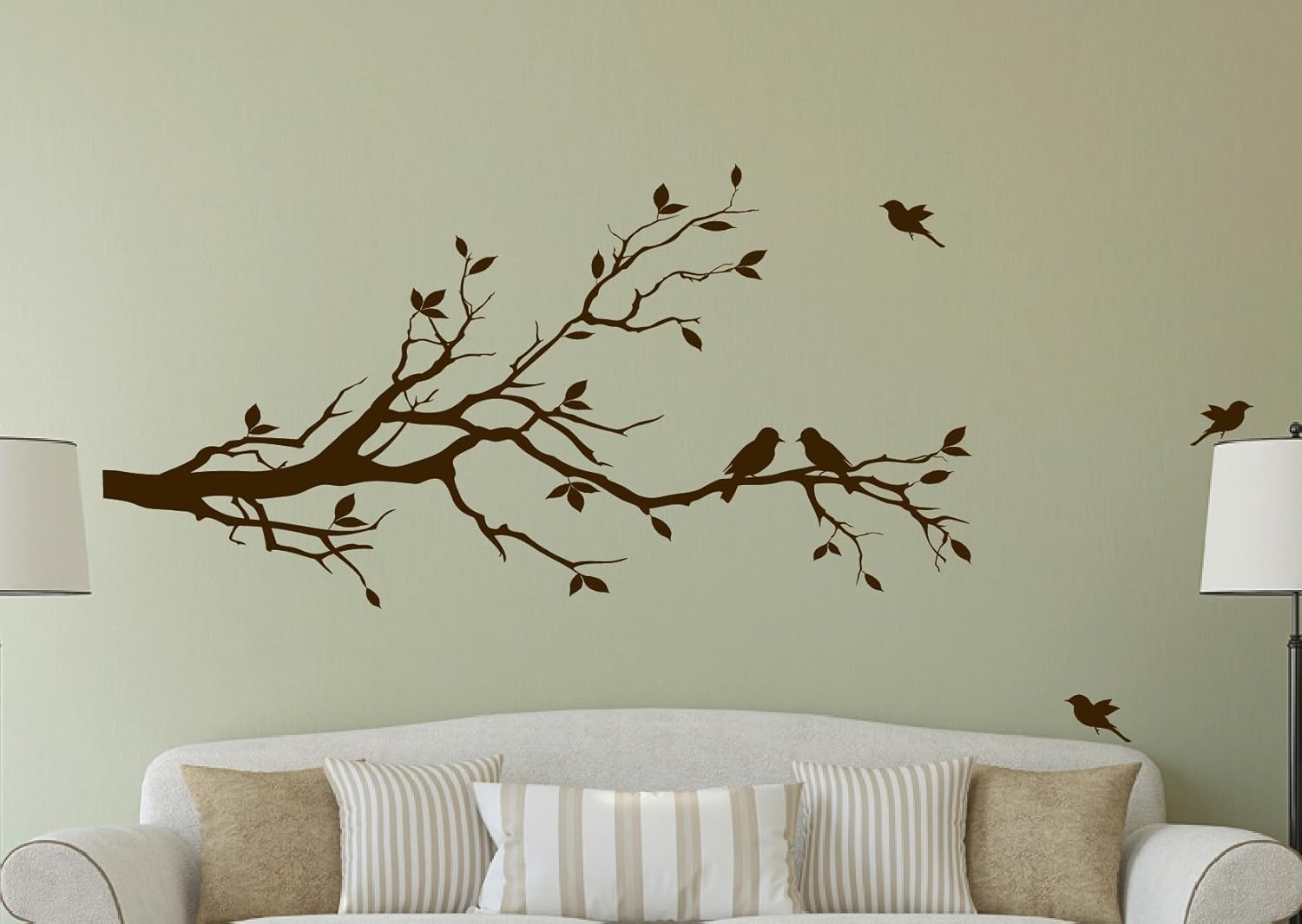 Large Tree Branch Wall Decal Deco Art Sticker Mural with 10 Birds (Brown)