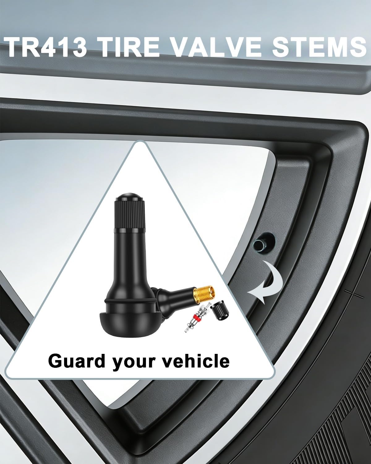 Riseuvo 100pcs TR413 Tire Valve Stem - Rubber Snap-in Valves, Tubeless Valve Stems Suit for 0.453 inch Rim Holes on Standard Vehicle Tires