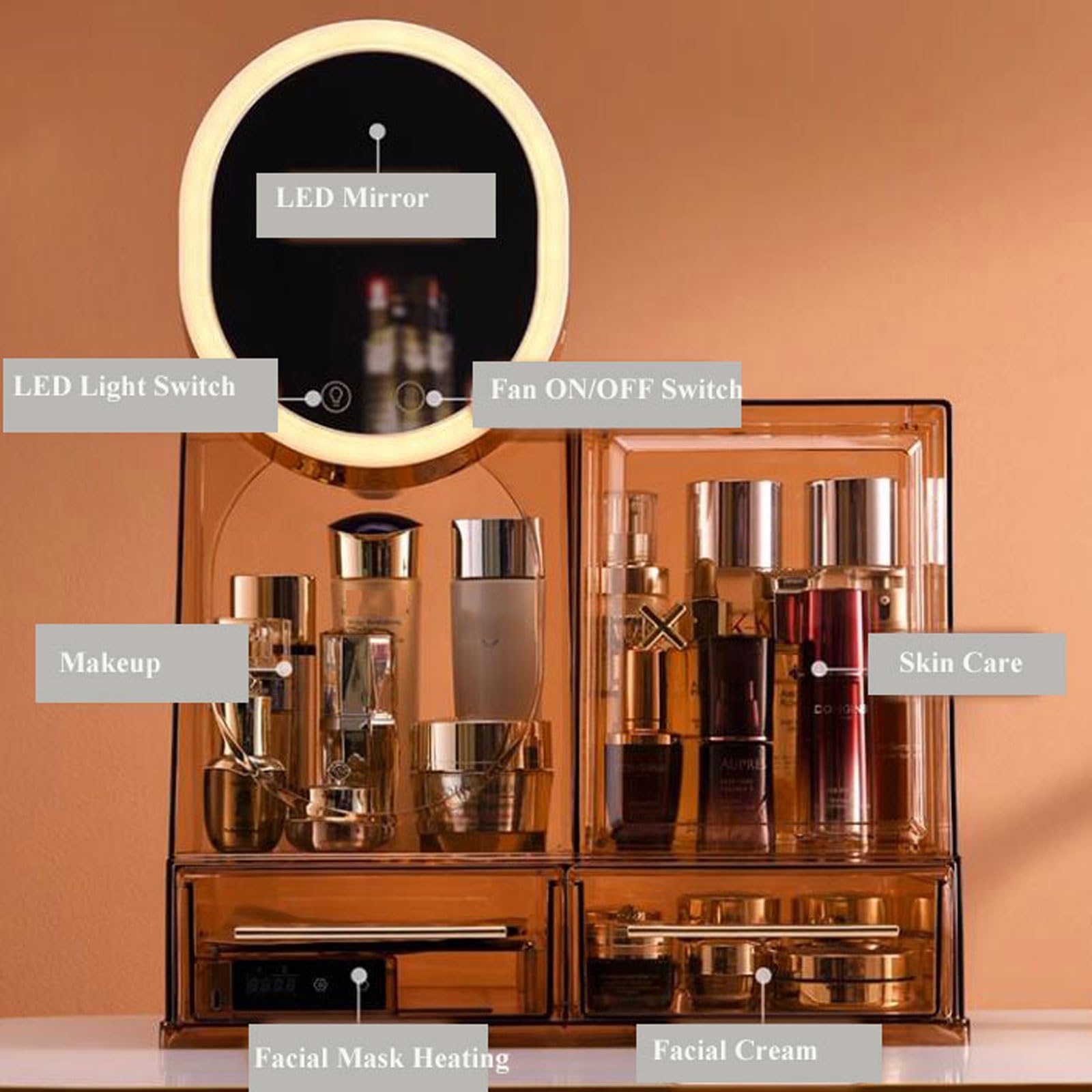Przechowywanie organizatora makijażu Organizer na kosmetyki z lusterkiem LED i wentylatorem, gablota do przechowywania kosmetyków o dużej pojemności, wodoodporny i pyłoszczelny organizer do pielęgnacj