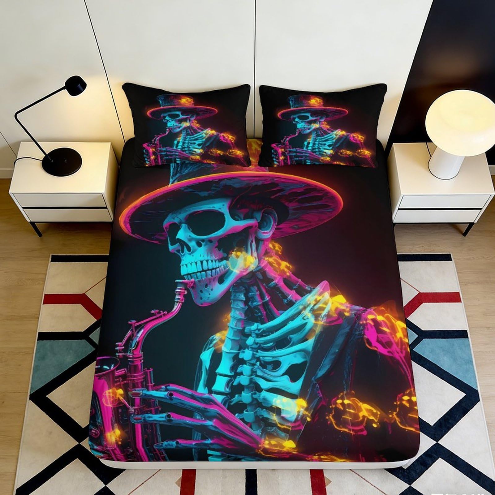 3D Printed Neon Skeleton Fitted Sheet Microfiber Vibrant Art Skull Bed Cover for Bedroom Dorm Guestroom Decor 90x200x25cm