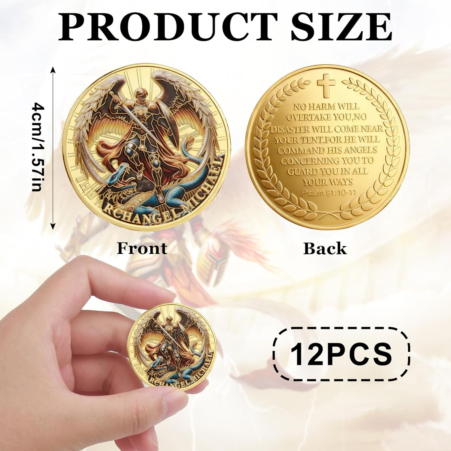 The Archangel Michael Watches Over Us Challenge Coin,1/6/12/24 Pcs Challenge Coin with Psalm 91:10-11, Religious Collectible Coin for Military, Police, Christian Gifts, Includes Protective Case