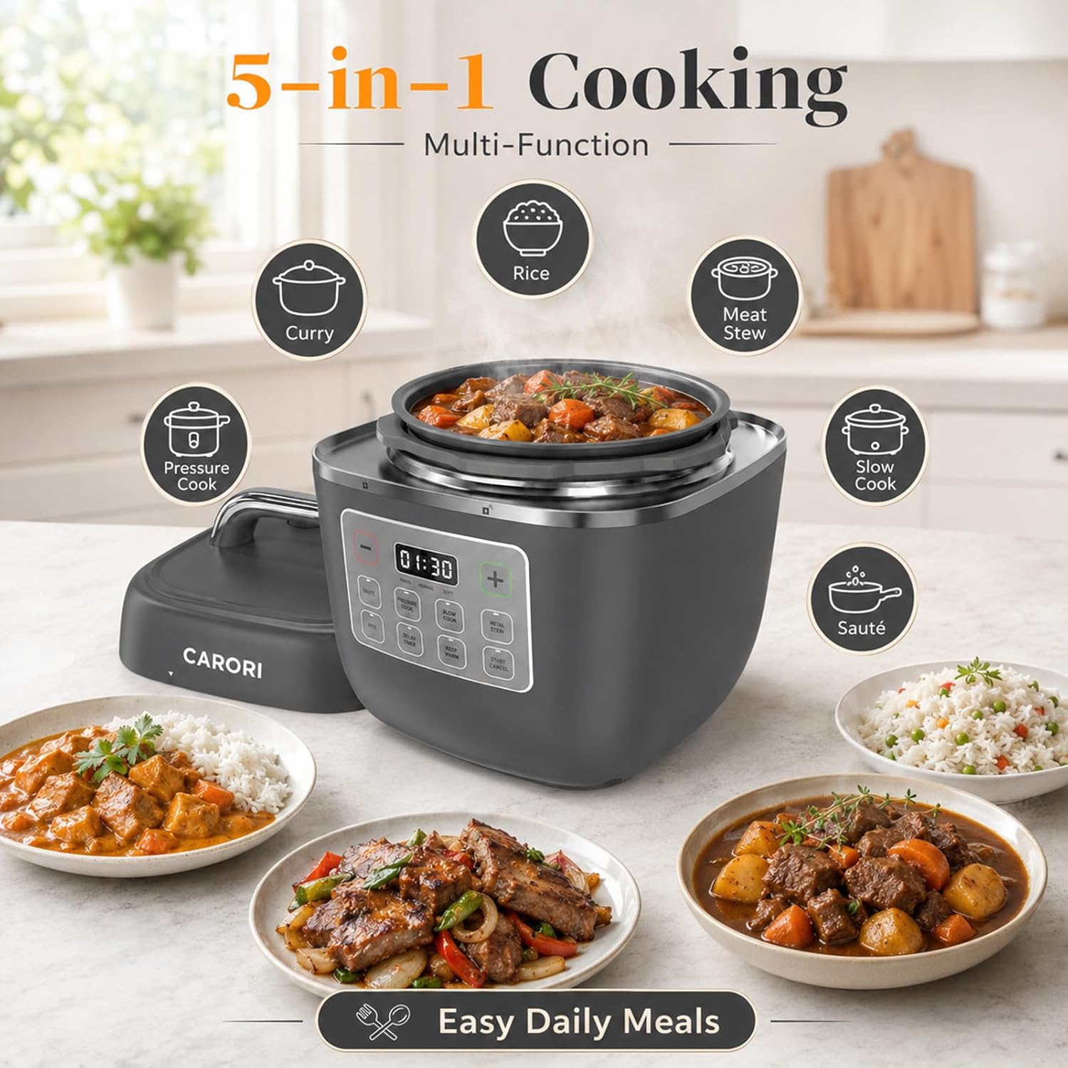 3QT 8-Function Electric Pressure Cooker, Compact Multi-Cooker with Ceramic Nonstick Pot – Pressure Cook, Saute, Slow Cook, Meat Stew, Rice, Delay Start, Keep Warm & Safe Venting, Gray