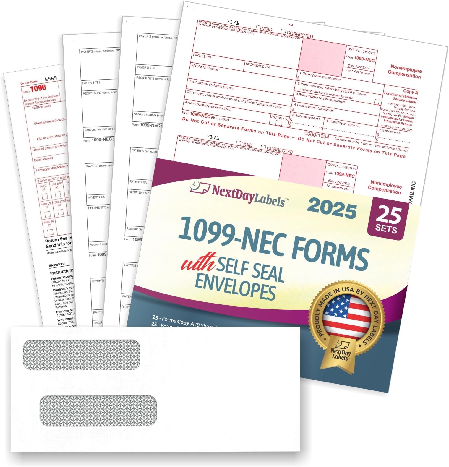 Next Day Labels - 1099-NEC Forms for 2023, 4-Part Tax Forms, Vendor Kit of 25 Laser Forms and 25 Self-Seal Envelopes, Forms Designed for QuickBooks and Other Accounting Software
