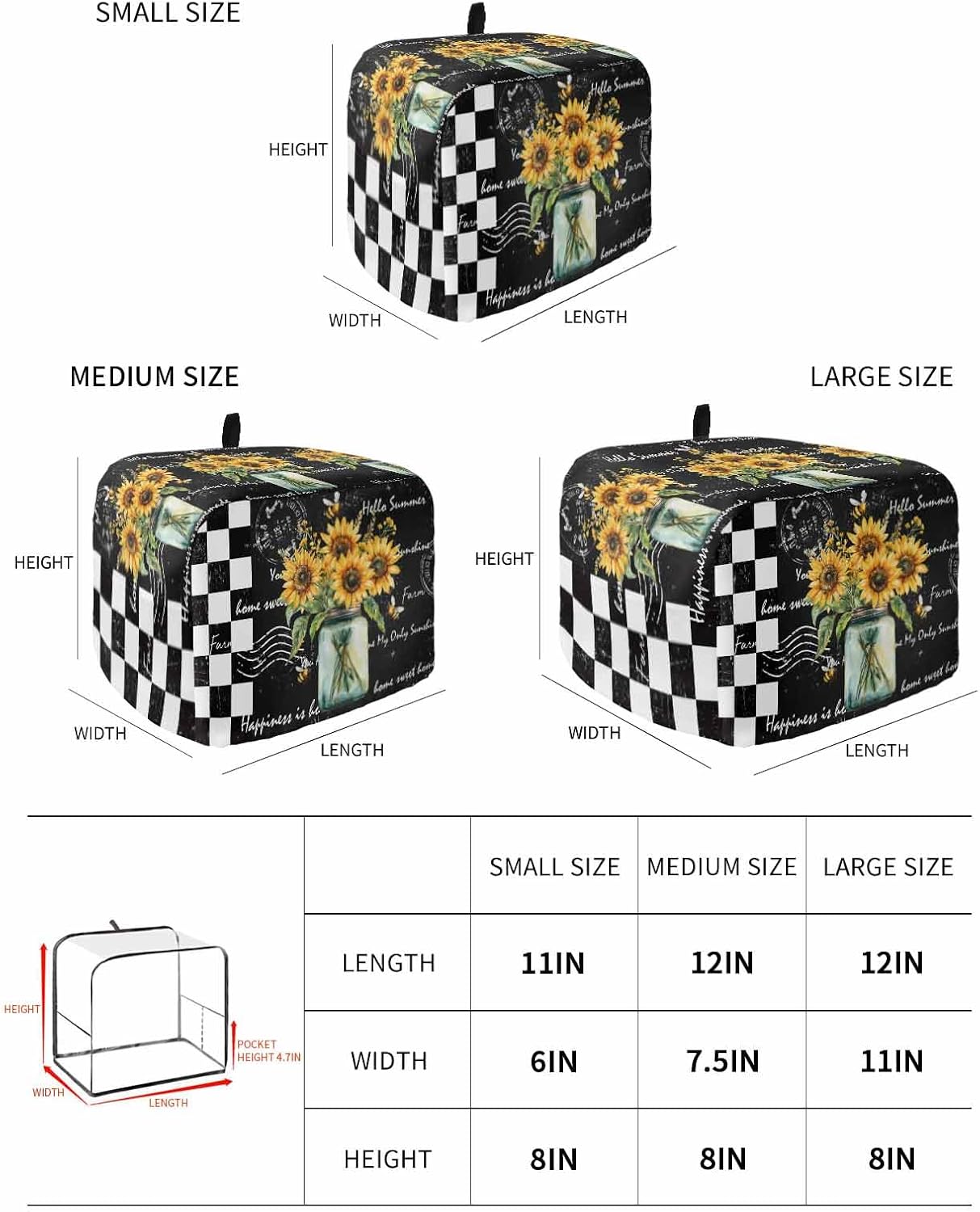 Sunflower Vintage Toaster Cover 4 Slice, Farmhouse Floral Dustproof Bakeware Oven Protector with Top Hook, Black Checkered Waterproof Small Kitchen Appliance Toasters Dust Cover, 12"x11"x8"
