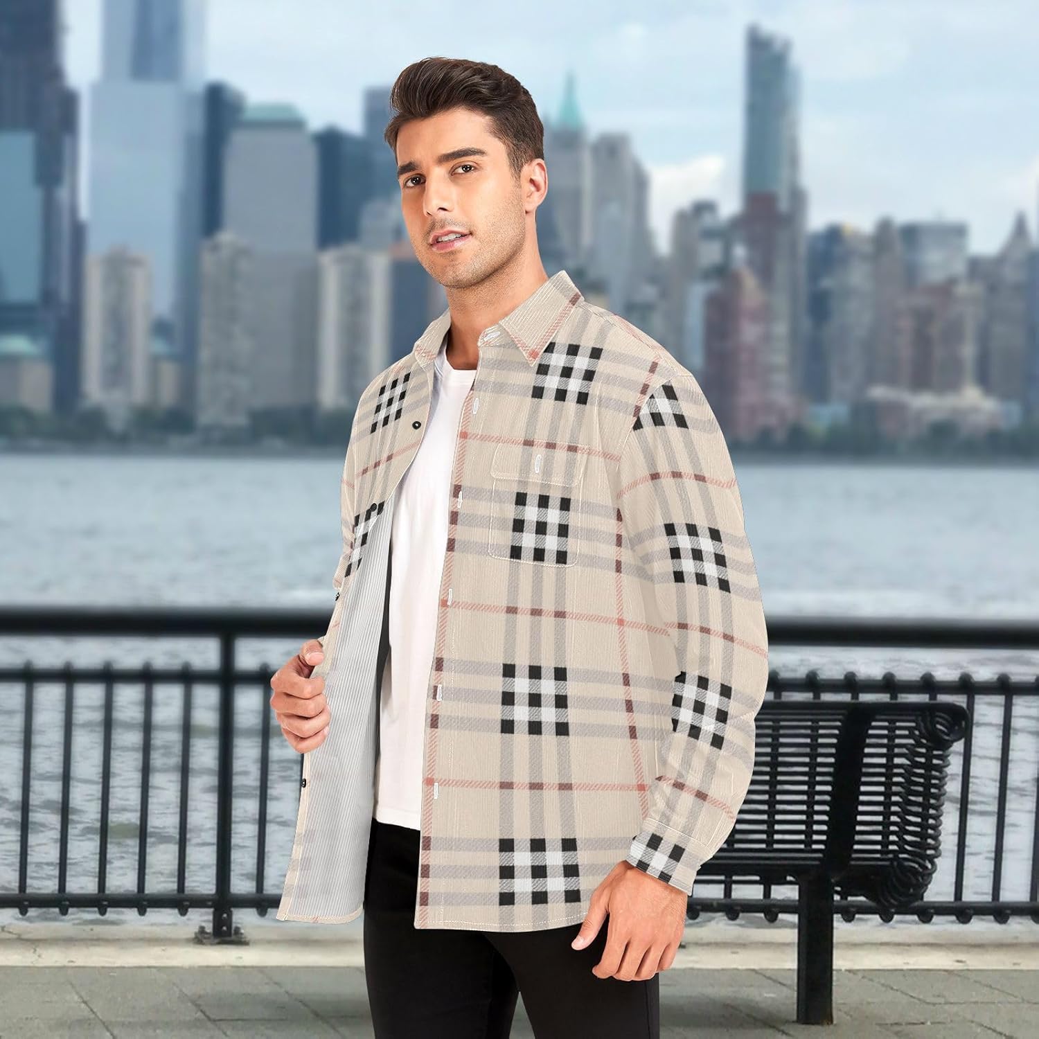 Black White Beige Checkered Plaid Woolen Cord Fabric Mens Rugby Shirts Long Sleeve for Women Business with Pockets
