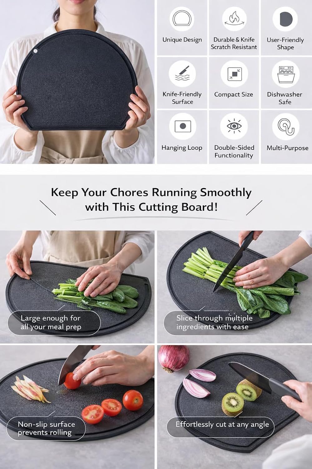 IWANO Round Cutting Board, No Leaking Grooves, Prevents Water from Spilling, Prevents Dirty Kitchen, Anti-slip, Good Visibility, Black, Cutting Board, Dishwasher-Safe, Kamaboko Shape, (black)