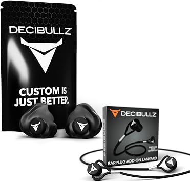 Decibullz 25-Decibel Noise-Reduction Earplugs for Hearing Protection Custom-Molded Reusable Earplugs for Noise Sensitivity & Flights, Black + Custom Earplug Lanyard