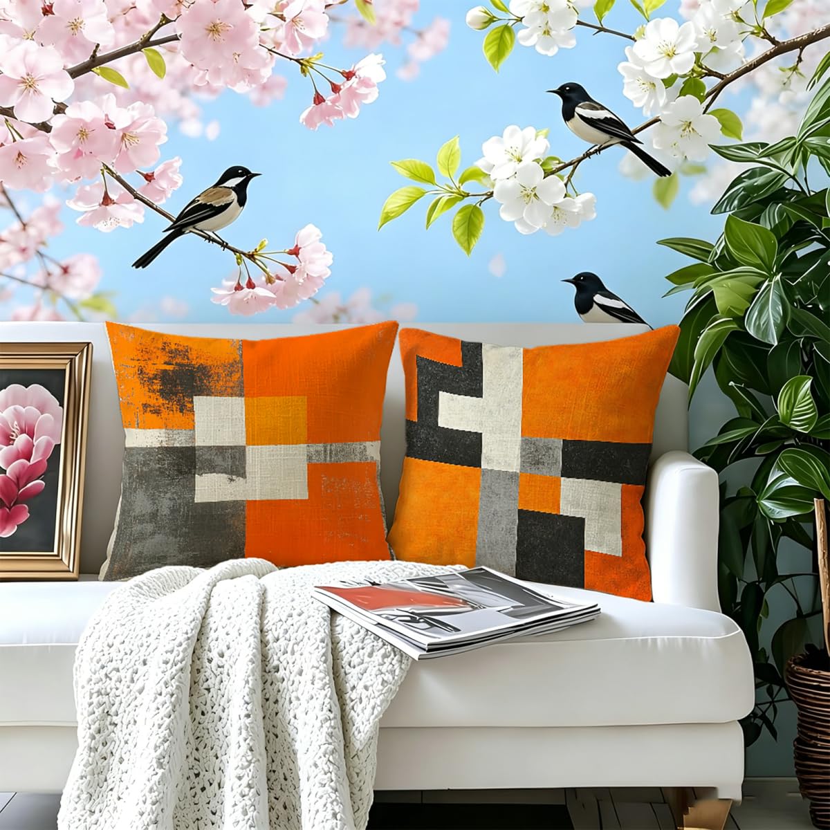 Kissenbezug 65x65cm Outdoor Kissen 2er Set Abstrakt orange Farbe Samt