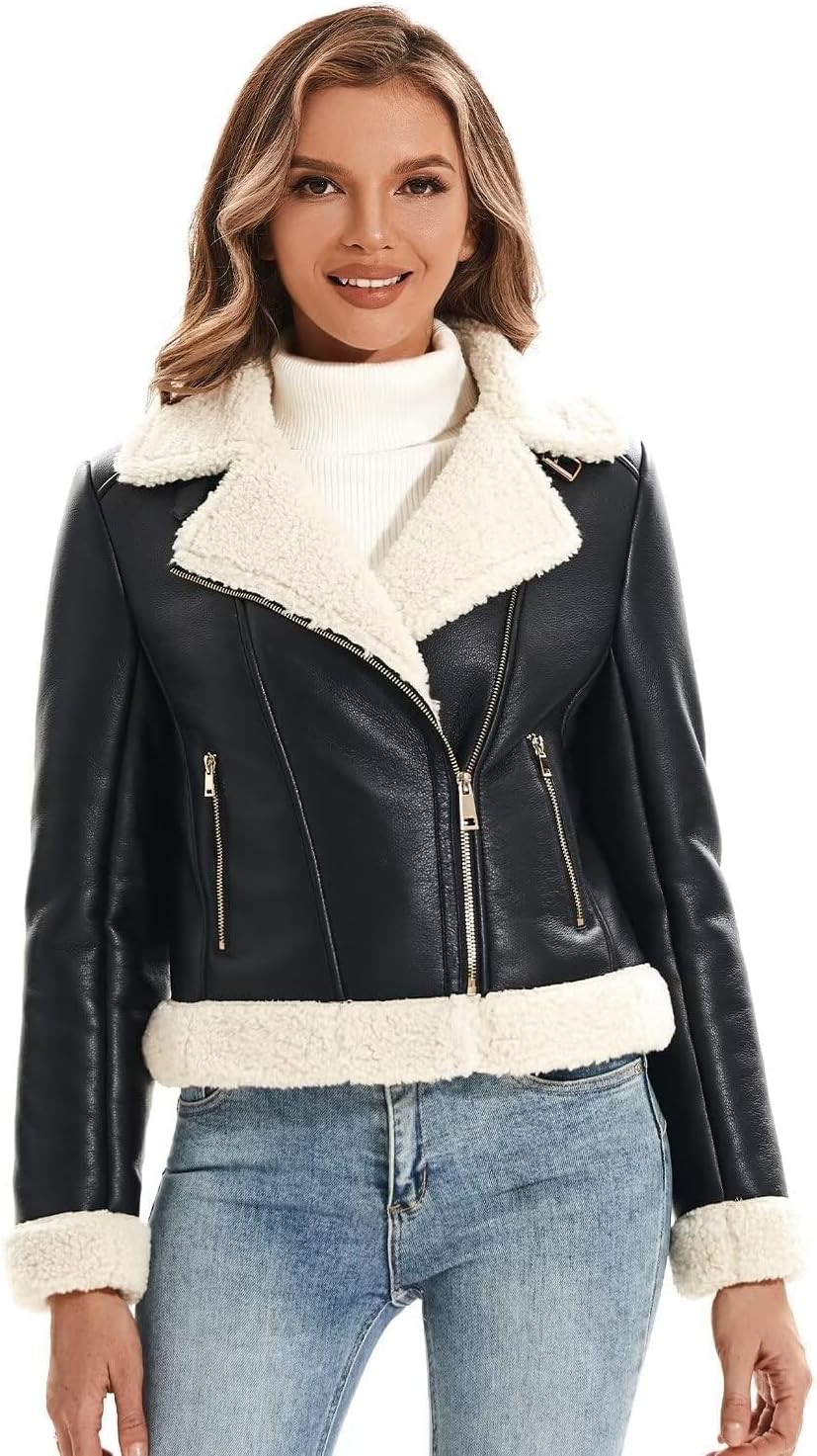 DIASHINY Women's Faux Shearing Fur Winter Coat Warm Thick Fur Lined Faux Leather Jacket - Image 2