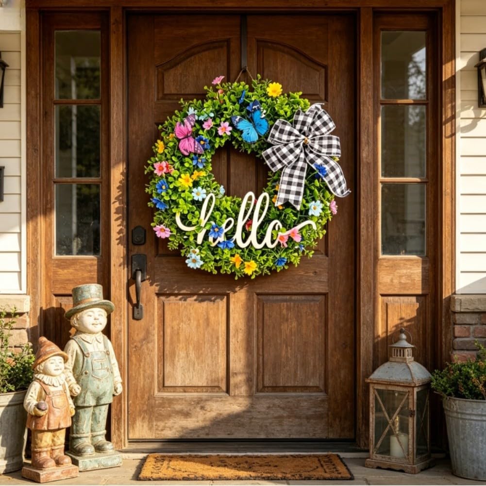 Ghirlanda di eucalipto con cartello di benvenuto, 46 cm, verde, artificiale, decorazione per porta d'ingresso, per casa, giardino, cortile, esterno, interno, da appendere alla parete