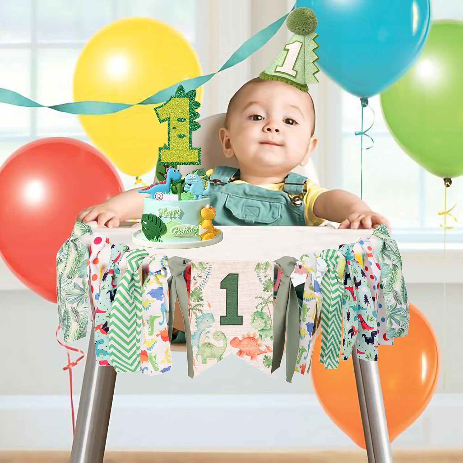 Dinosaur Theme 1st Highchair Banner Tassel Garland Dino Conical Cap Cake Topper Green First Dinosaur Birthday Decorations - Image 7