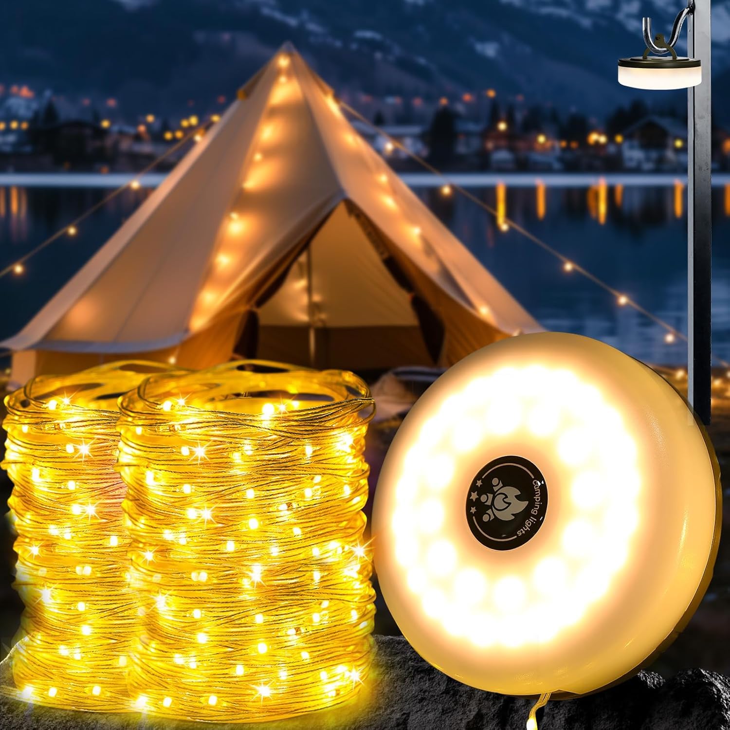 Camping String Lights, 10M Waterproof Portable Outdoor Camping Fairy Lights 8 Lighting Modes, USB Rechargeable Retractable Camp Light 3 in 1 for Tent RV Hiking Yard Patio Garden Party Decor, Warm