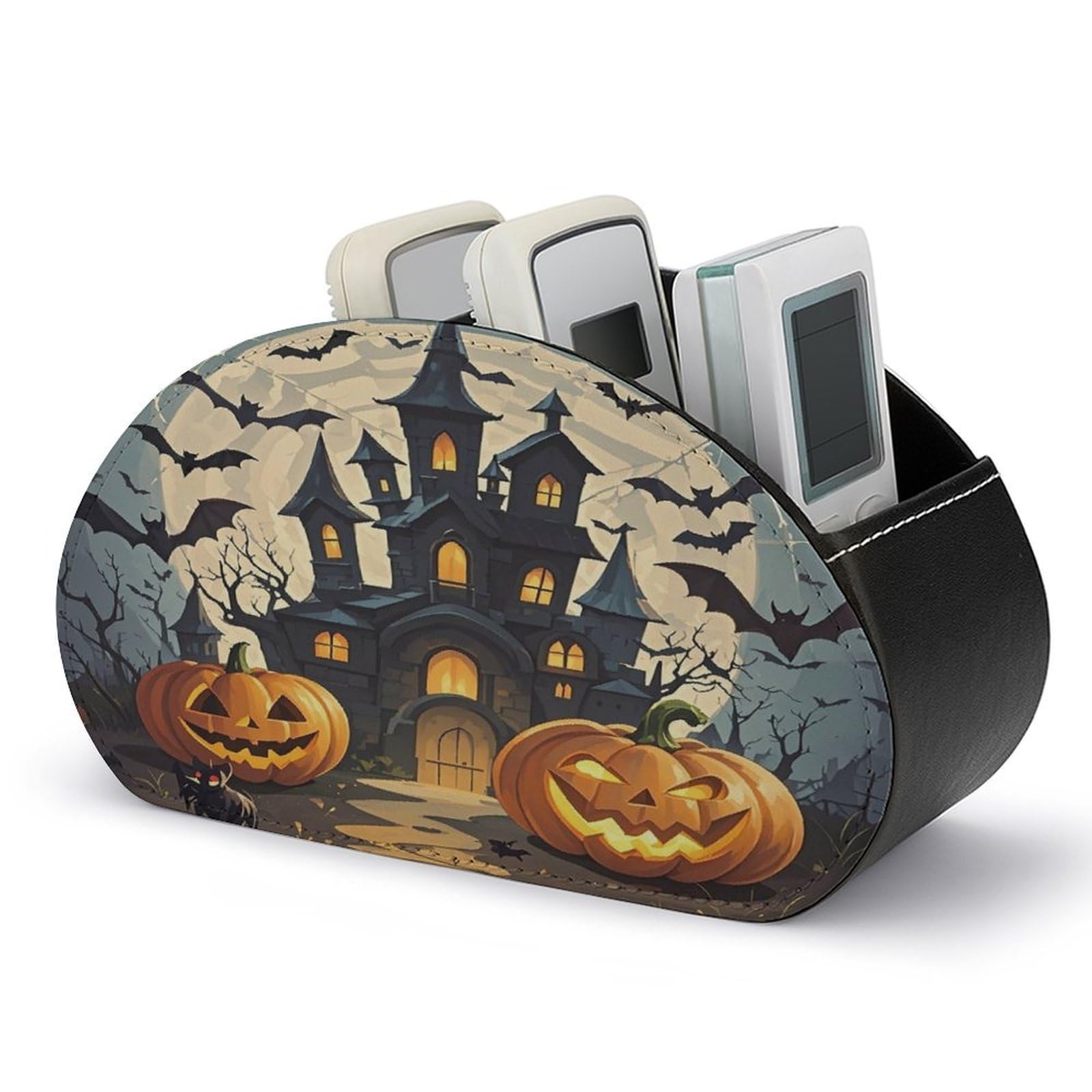LZQPOEAS Pumpkin Lantern Castle Remote Control Holder with 5 Compartments PU Leather Remote Organizer Box Caddy for Table Nightstand Remote Caddy Desktop Organizer Fits Media Controllers