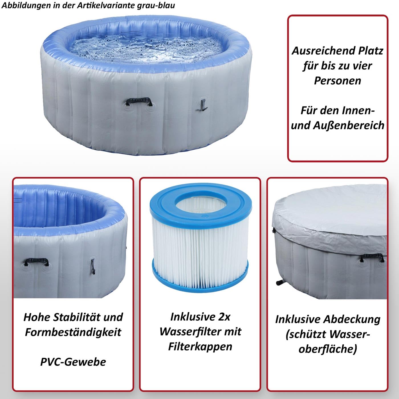 Mendler Whirlpool HWC-N97, Ersatz-Pool 4 Personen, In-/Outdoor aufblasbar PVC laminiert, rund Ø180cm - grau-weiß