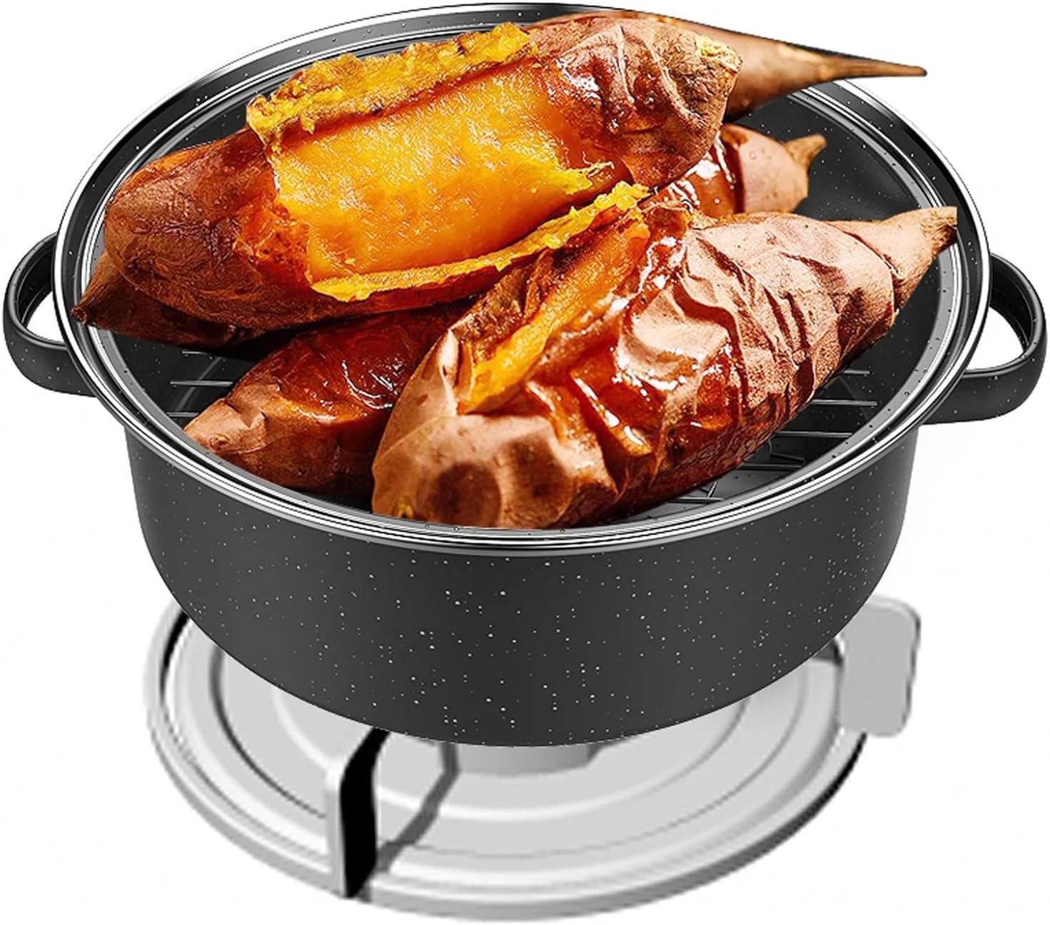 BBQ Roasting Pan Speckled Finish Household Non Stick BBQ Pot Roast Pan with Lid for Roasted Sweet Potatoes Chestnuts Accessories(28cm)