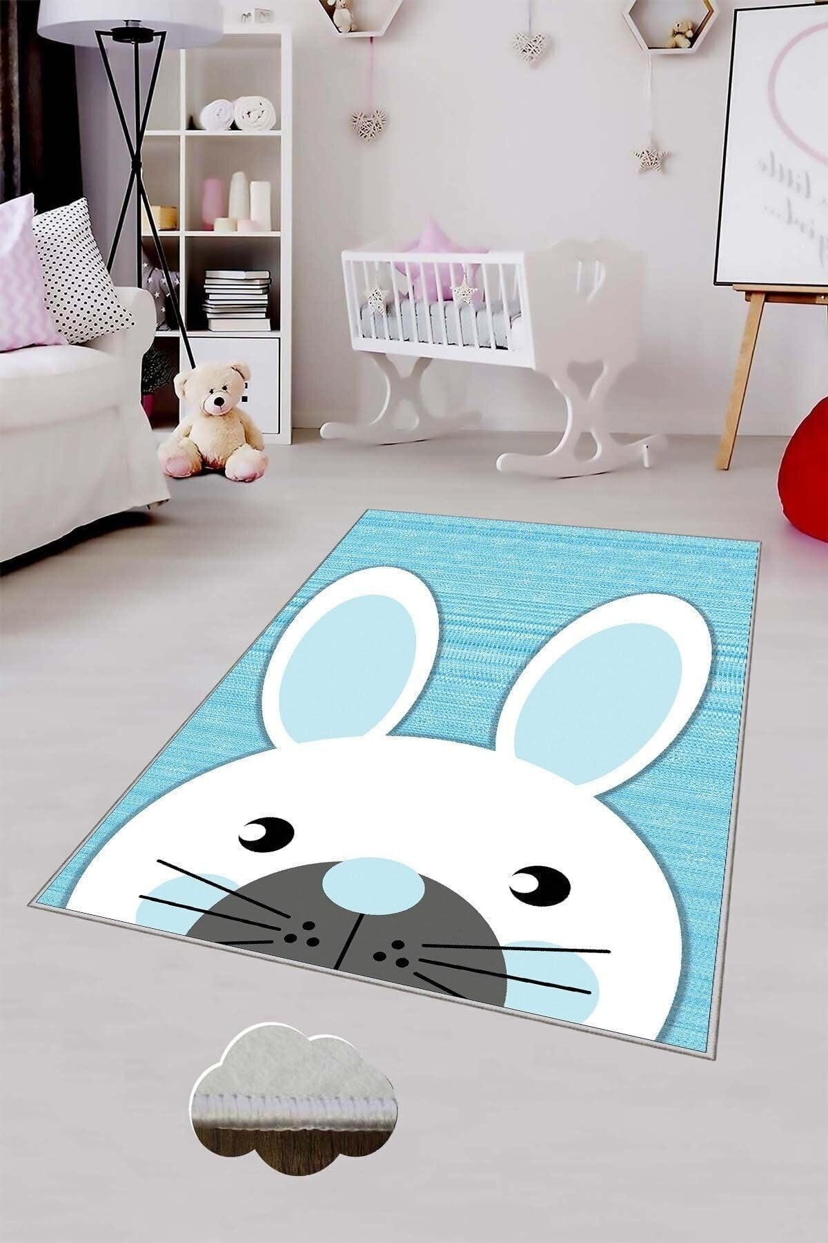 Pelangi Mavi Tavşan Desenli Yıkanabilir Kaymaz Taban Leke Tutmazbebek Ve Çocuk Odası Halısı, Gri-Mavi 40 x 40, 9013571574040