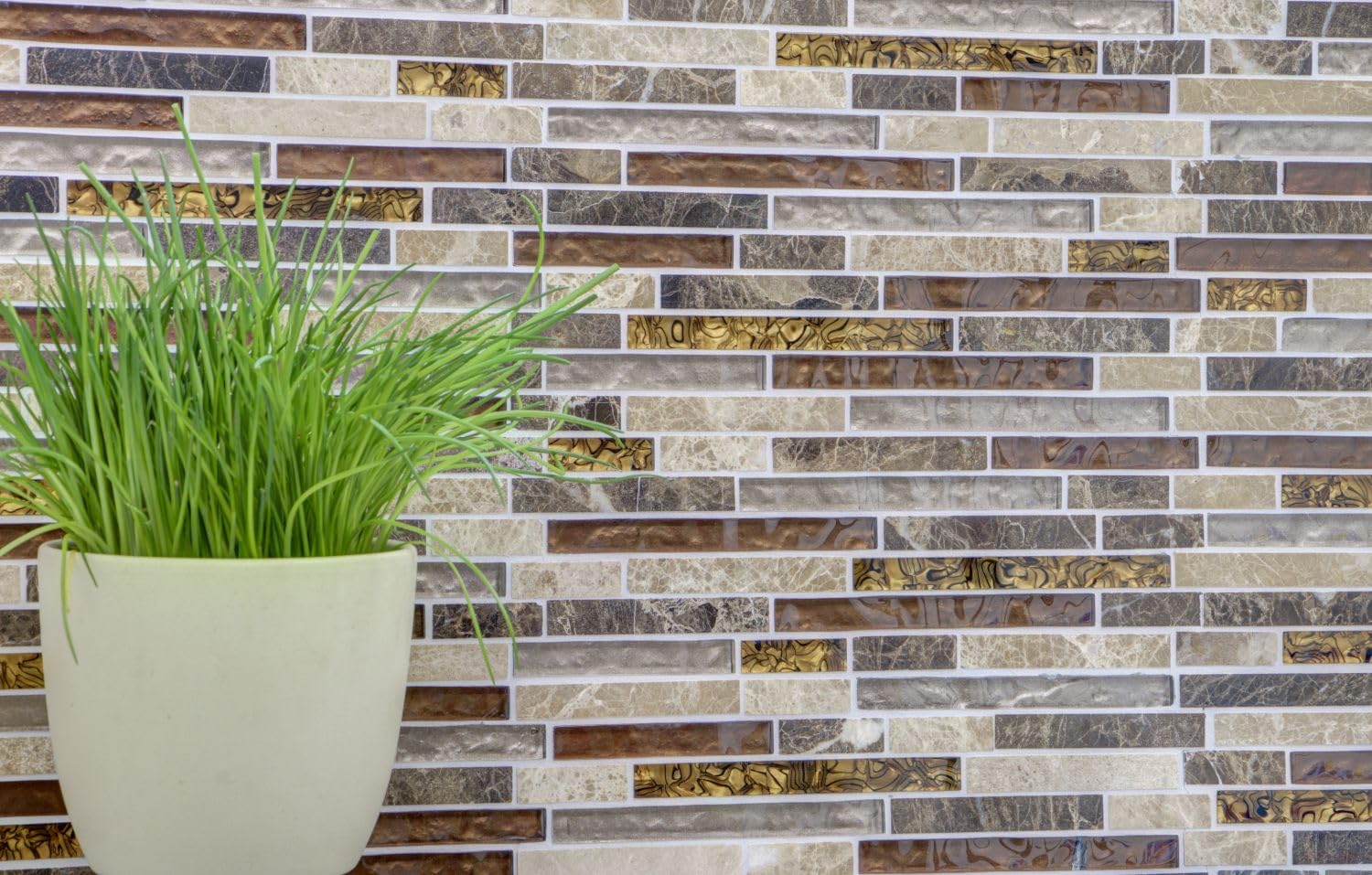 Glasmosaik Verbund Crystal/Marmor mix beige/braun Naturstein Fliesenspiegel, Mosaikstein Format: 15x48/98/148x8 mm, Mattengröße: 298x338 mm, 10 Matten