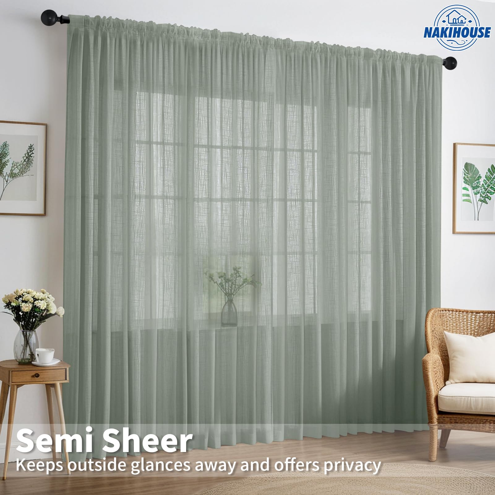 NAKIHOUSE Linen Voile Curtain, 2 Panels Grey Net Curtains for Windows 63 Drop - Image 2