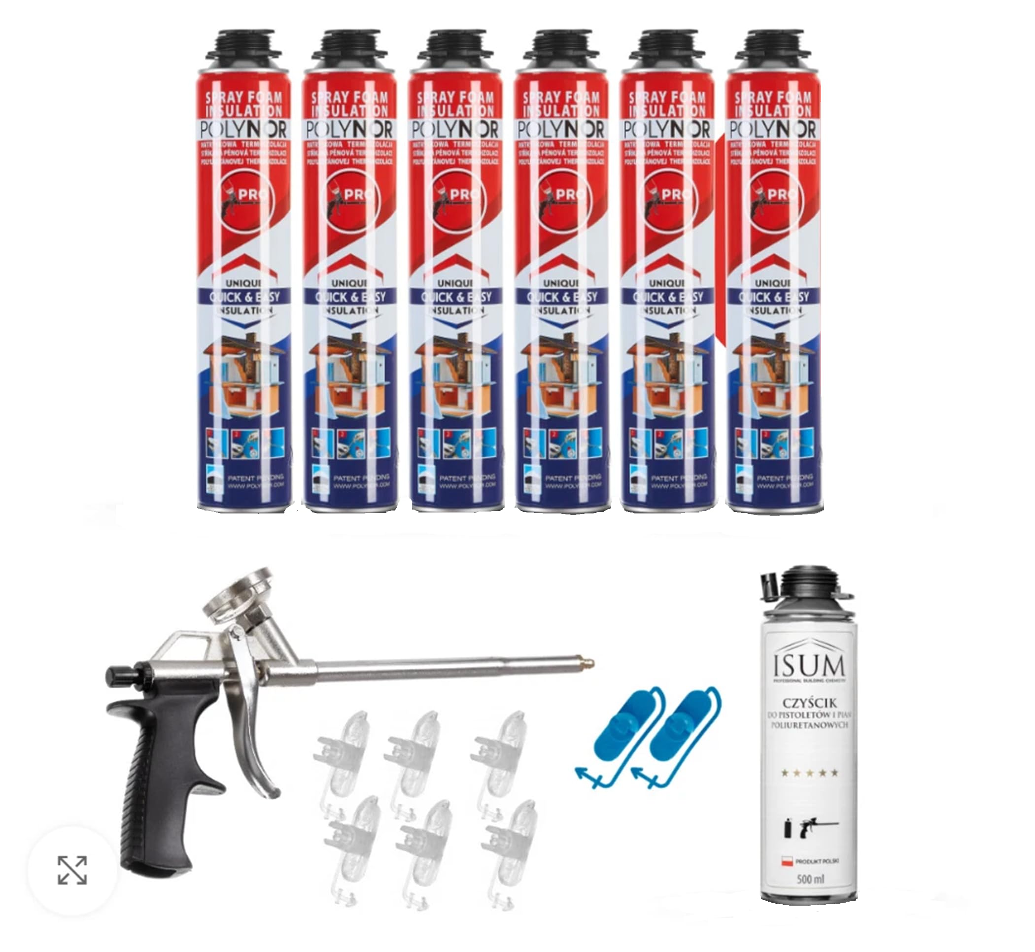 POLYNOR Isolation thermique PUR en bombe PRO - Kit 16 pièces - 6 mousses - Pistolet à mousse - Isolation thermique par pulvérisation - Isolation des murs, toits, plafonds, tuyaux - Aérosol 750 ml