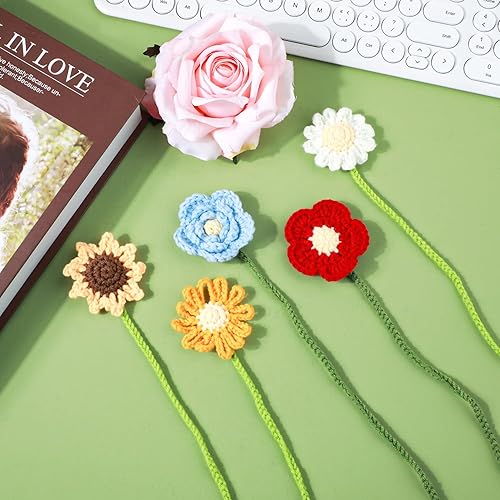Miniatura 5 de 5 marcapáginas de girasol para mujer, 5 estilos de ganchillo de flores, personalizados, hechos a mano, de punto de margarita, para cortina, colgante