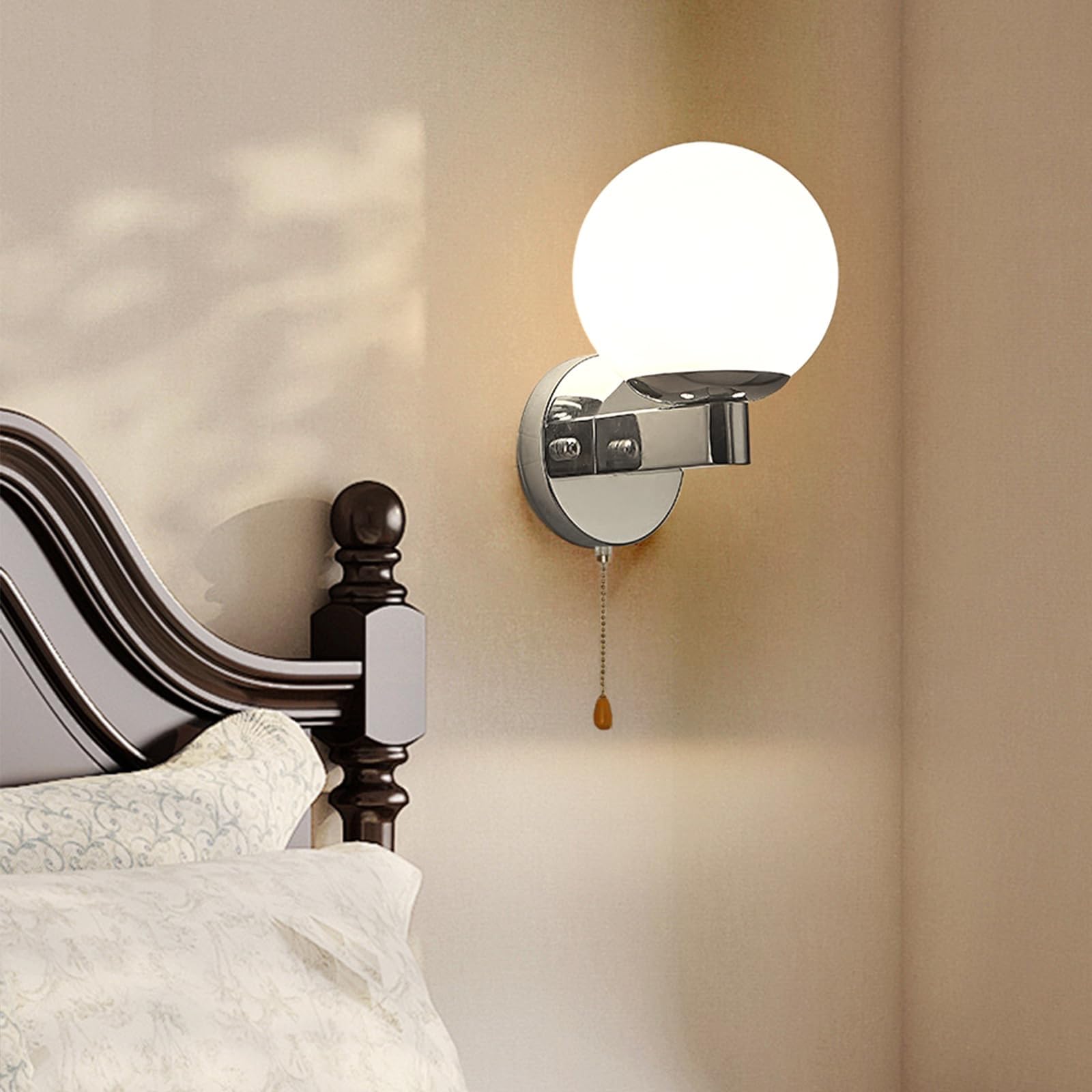 CRFASIBE Frosted Globe Glass Wall Sconce with Pull Cord Switch, Warm Light